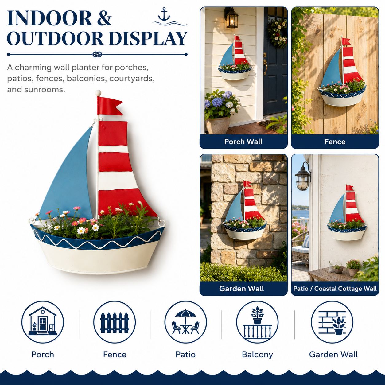 Iron Art Painted Sailboat-Shaped Wall Hanging Flower Pot