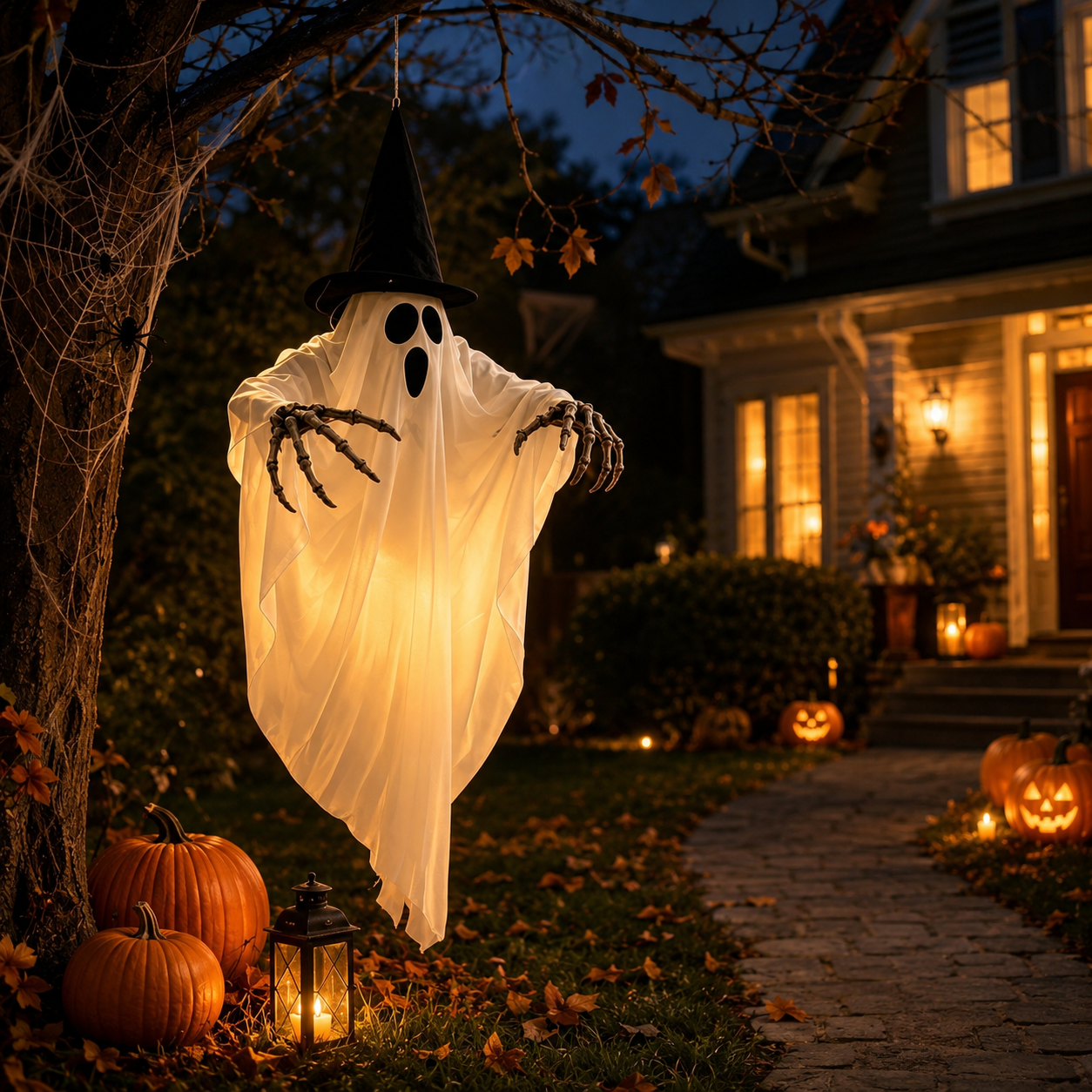 Lighted Hanging Ghost Halloween Decoration with Witch Hat & Skeleton Hands