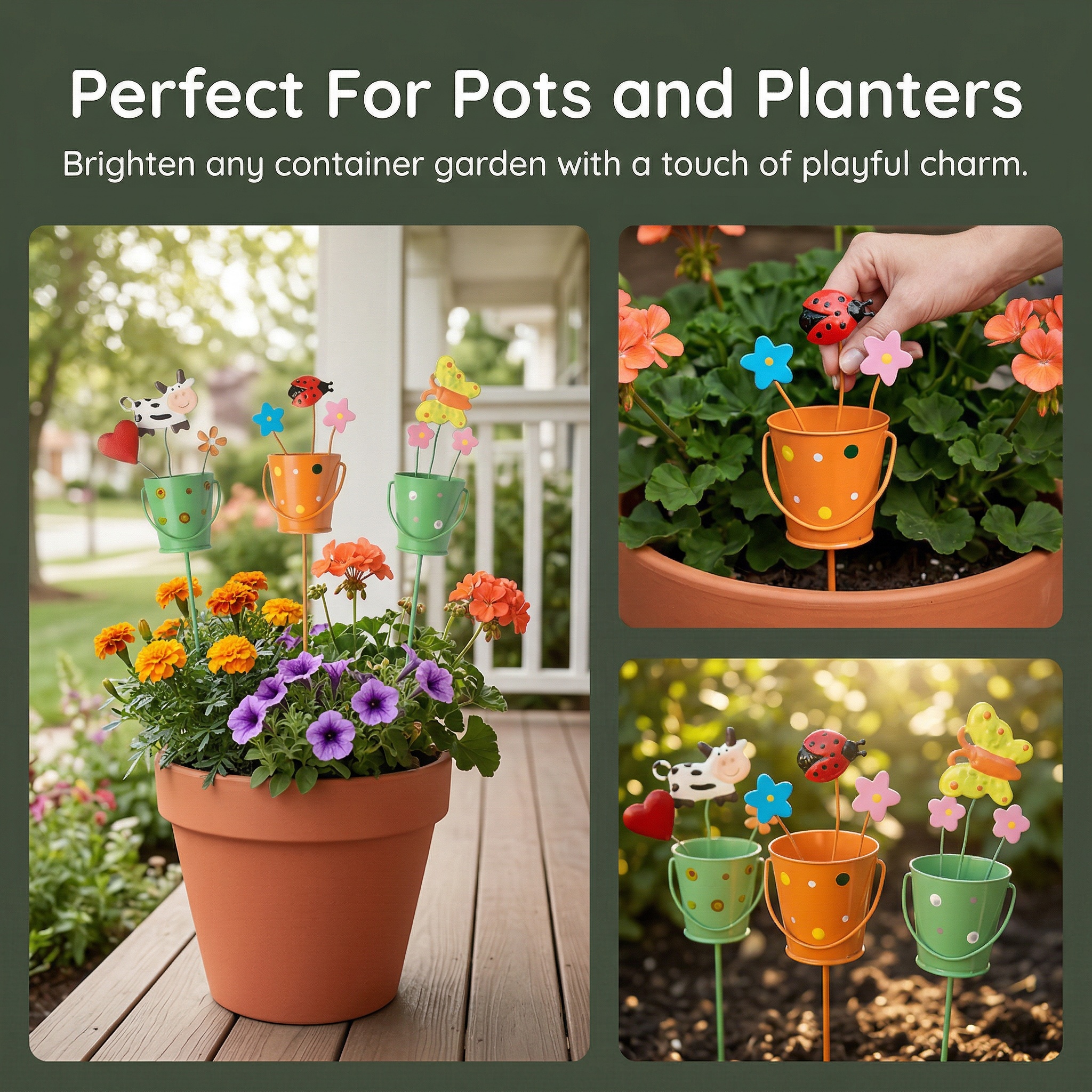 Set of 3 Metal Flower Pot Garden Stakes