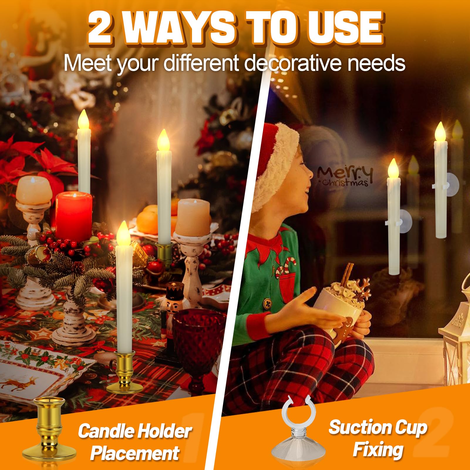 6 Pcs Christmas Flameless Flickering Candles with Timer, Removable Candlestick, Suction Cup