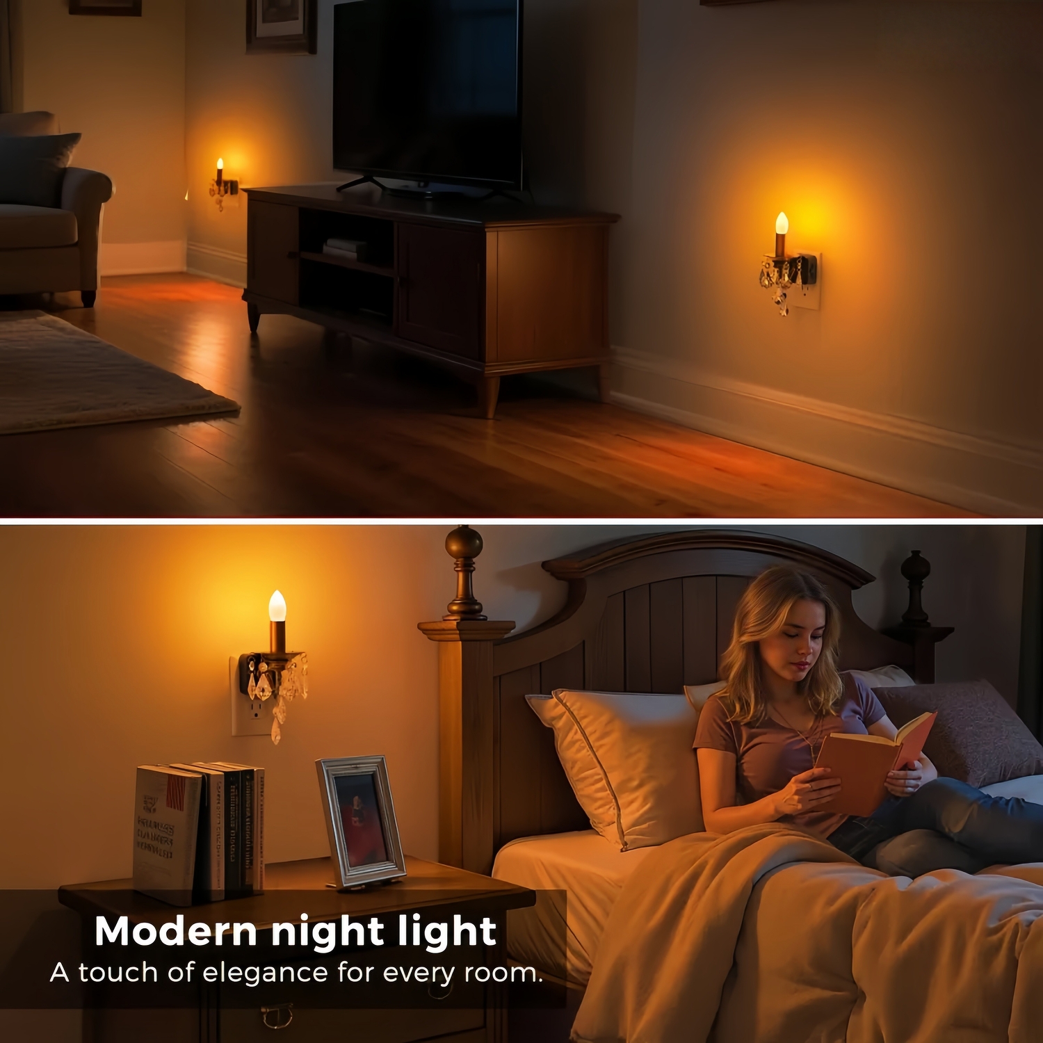 LED Amber Candle Pendant Night Light Plug-In with Crystal Drops, Dimmable 1W Nightlight for Hallway & Bedroom