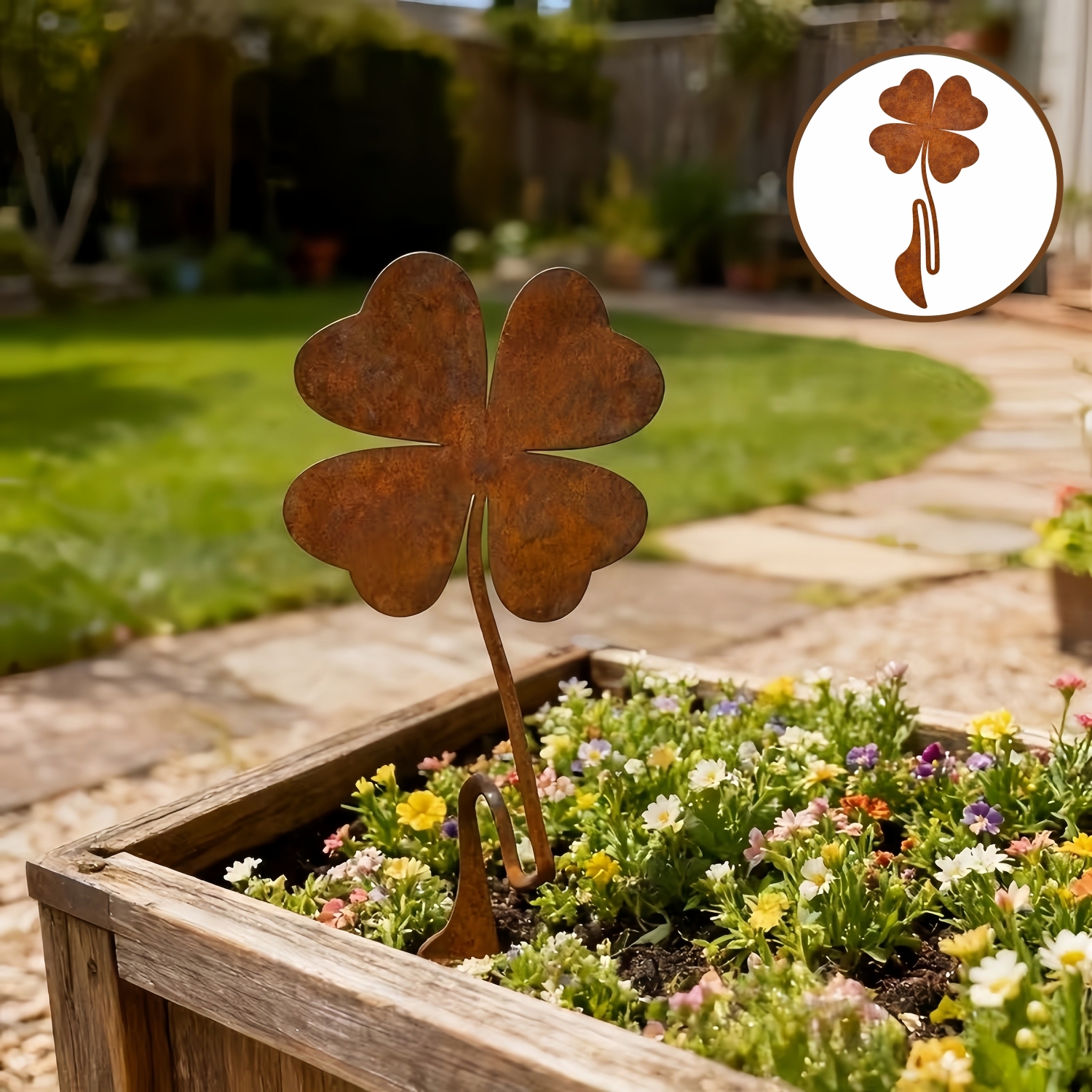 Rustic Four-Leaf Clover Metal Garden Stake
