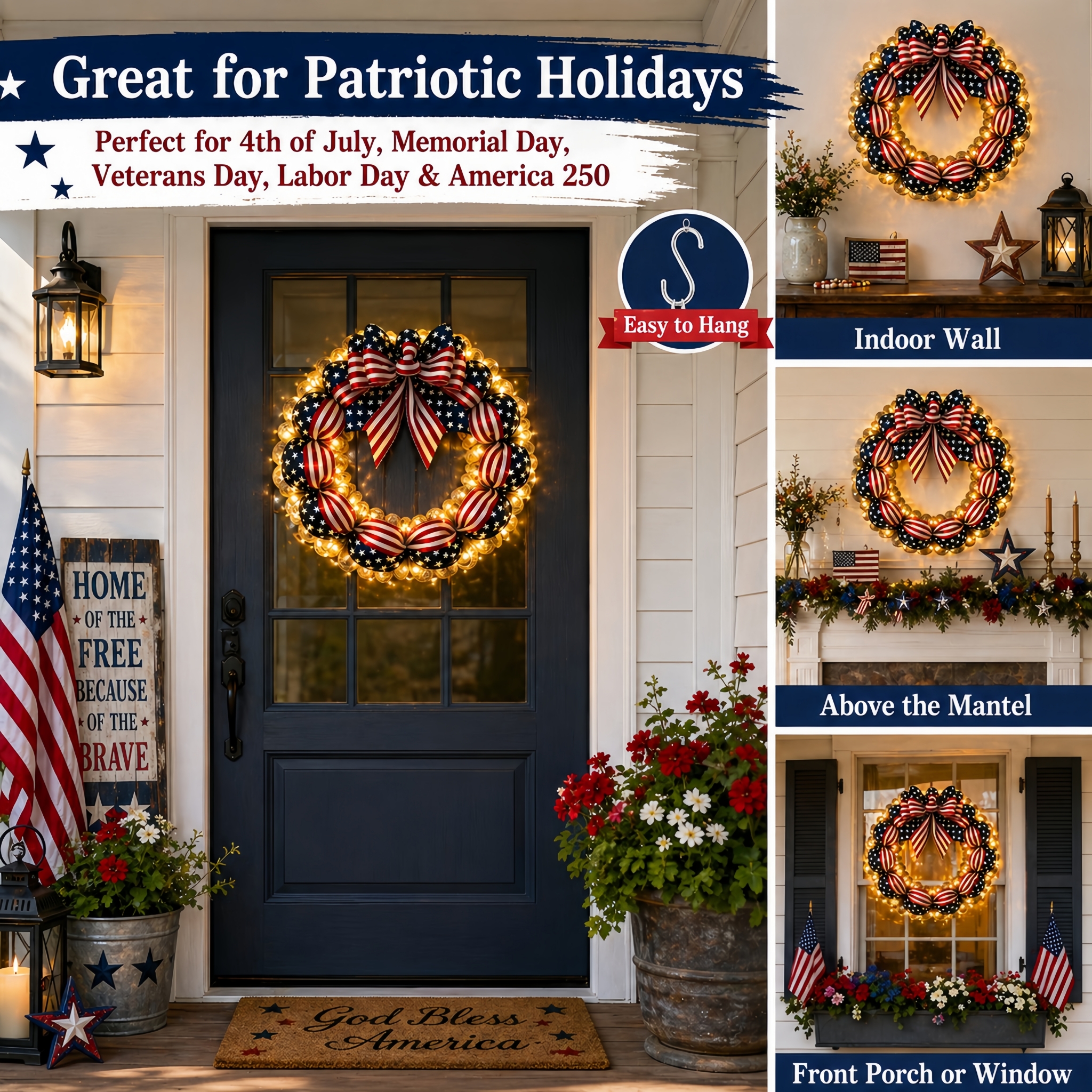Lighted Patriotic American Flag Wreath