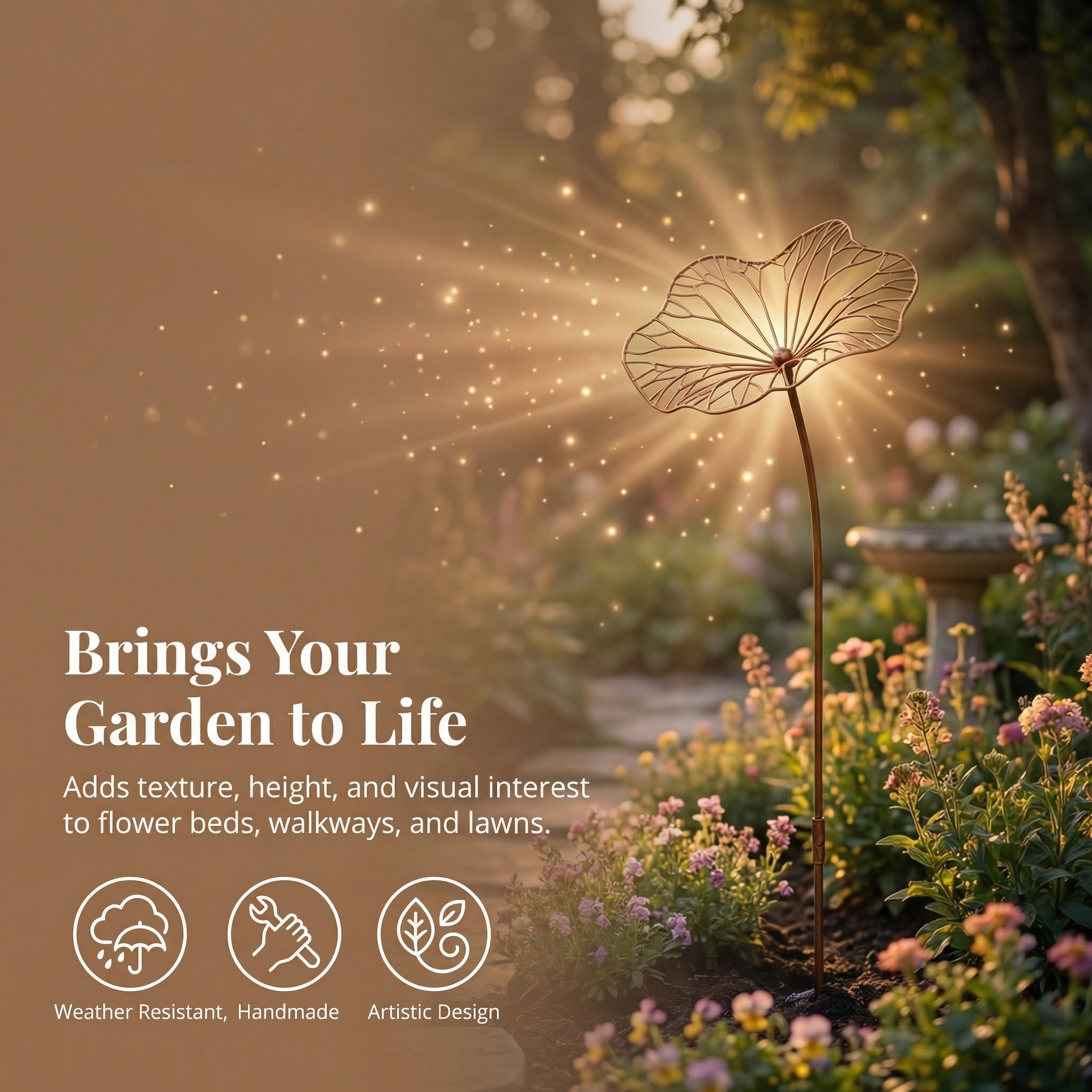 Set of 3 Rustic Iron Lotus Leaf Garden Stakes