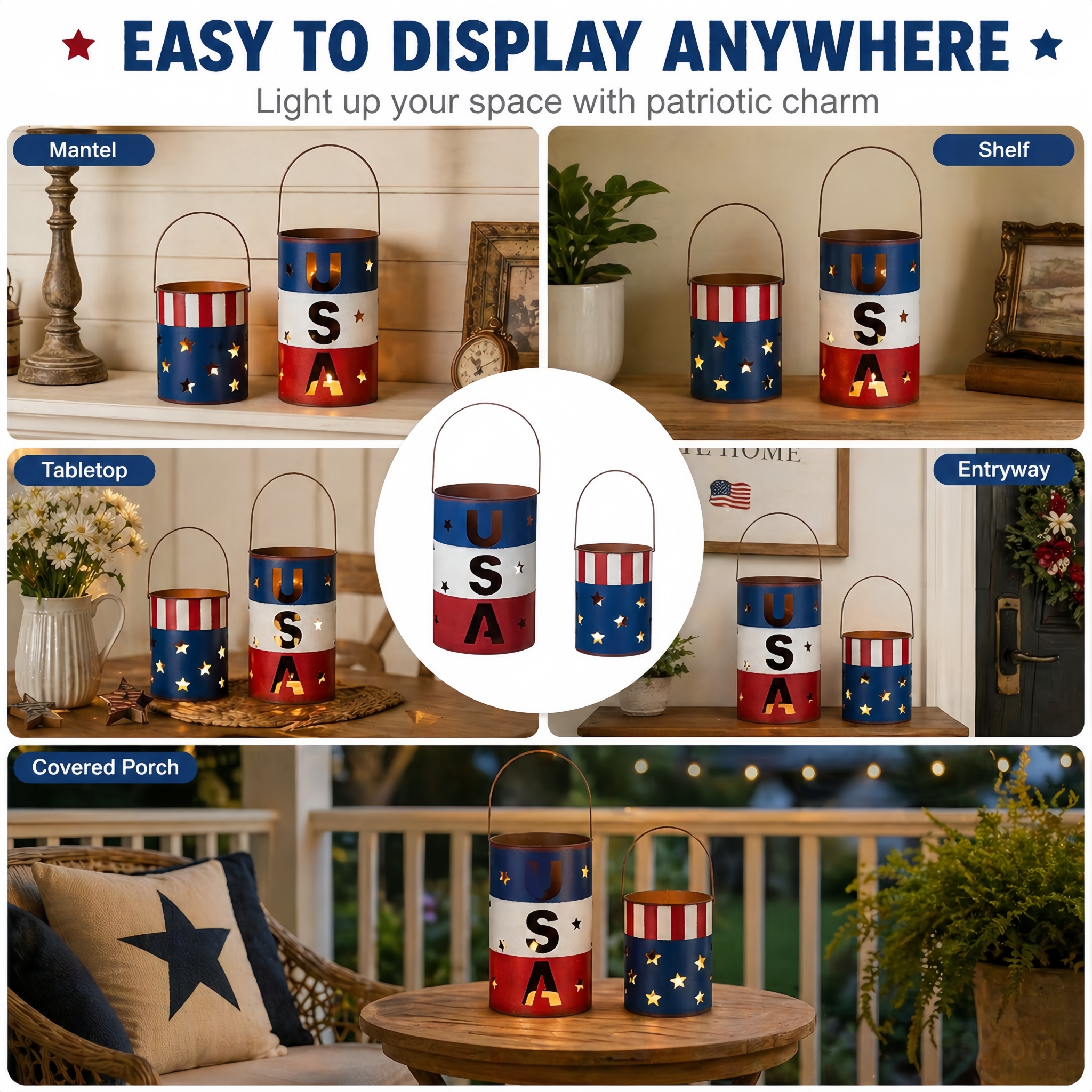 Patriotic Metal Candle Lantern Set
