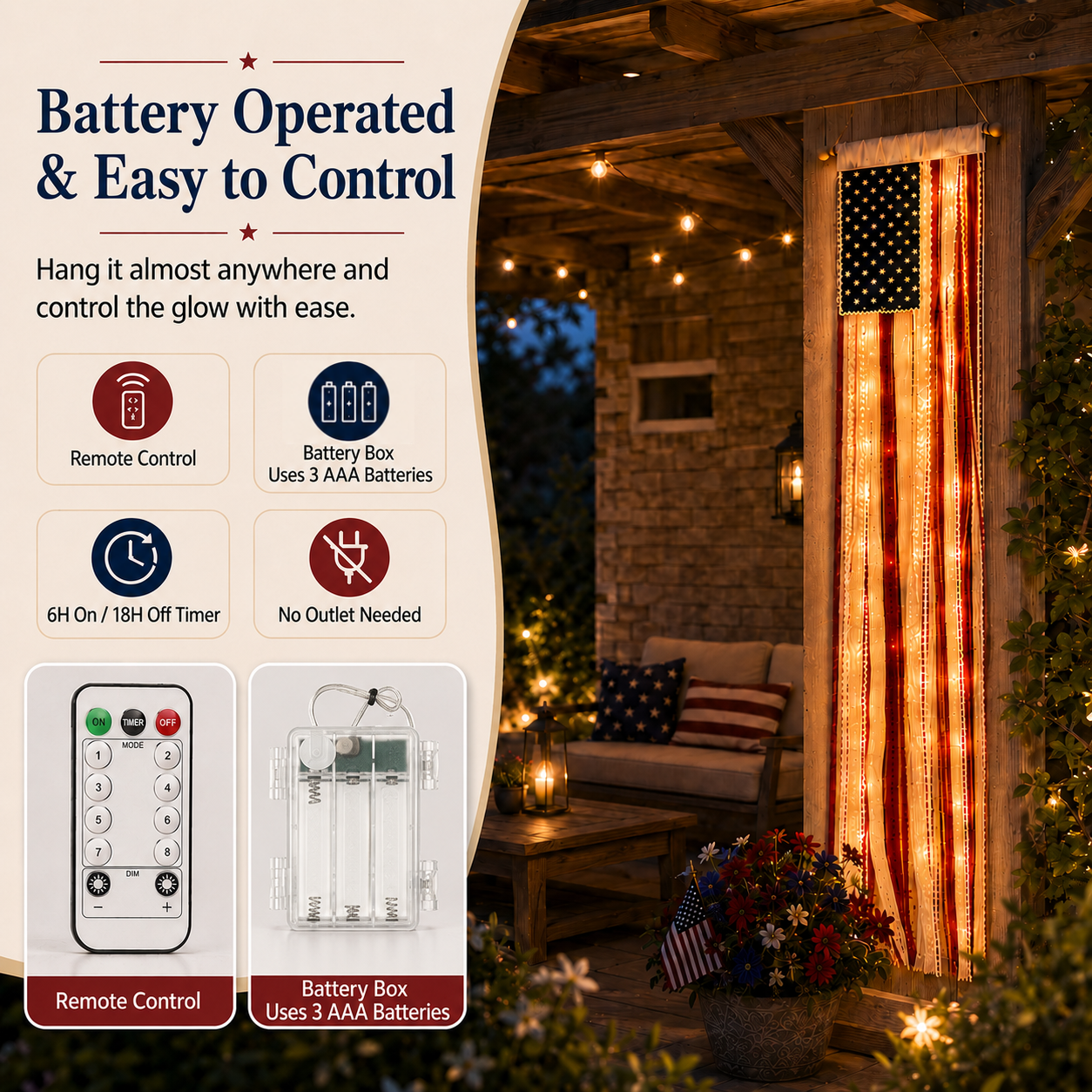 Lighted Rag Patriotic Porch Banner