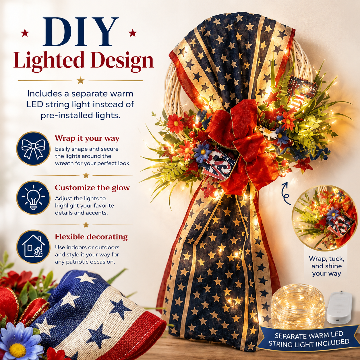 Lighted Patriotic Front Door Swag Wreath