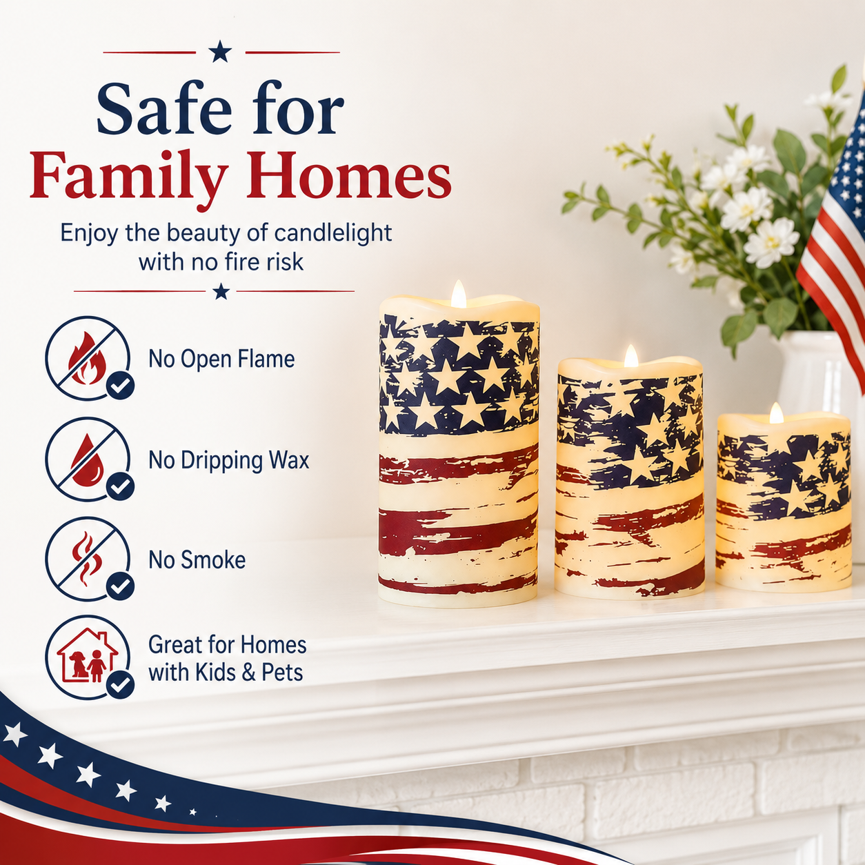 Set of 3 Patriotic LED Pillar Candles with Realistic Flame & Timer