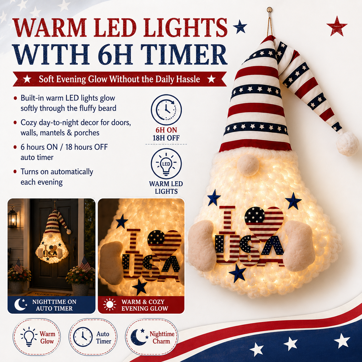 24" Lighted Patriotic Gnome Front Door Decor