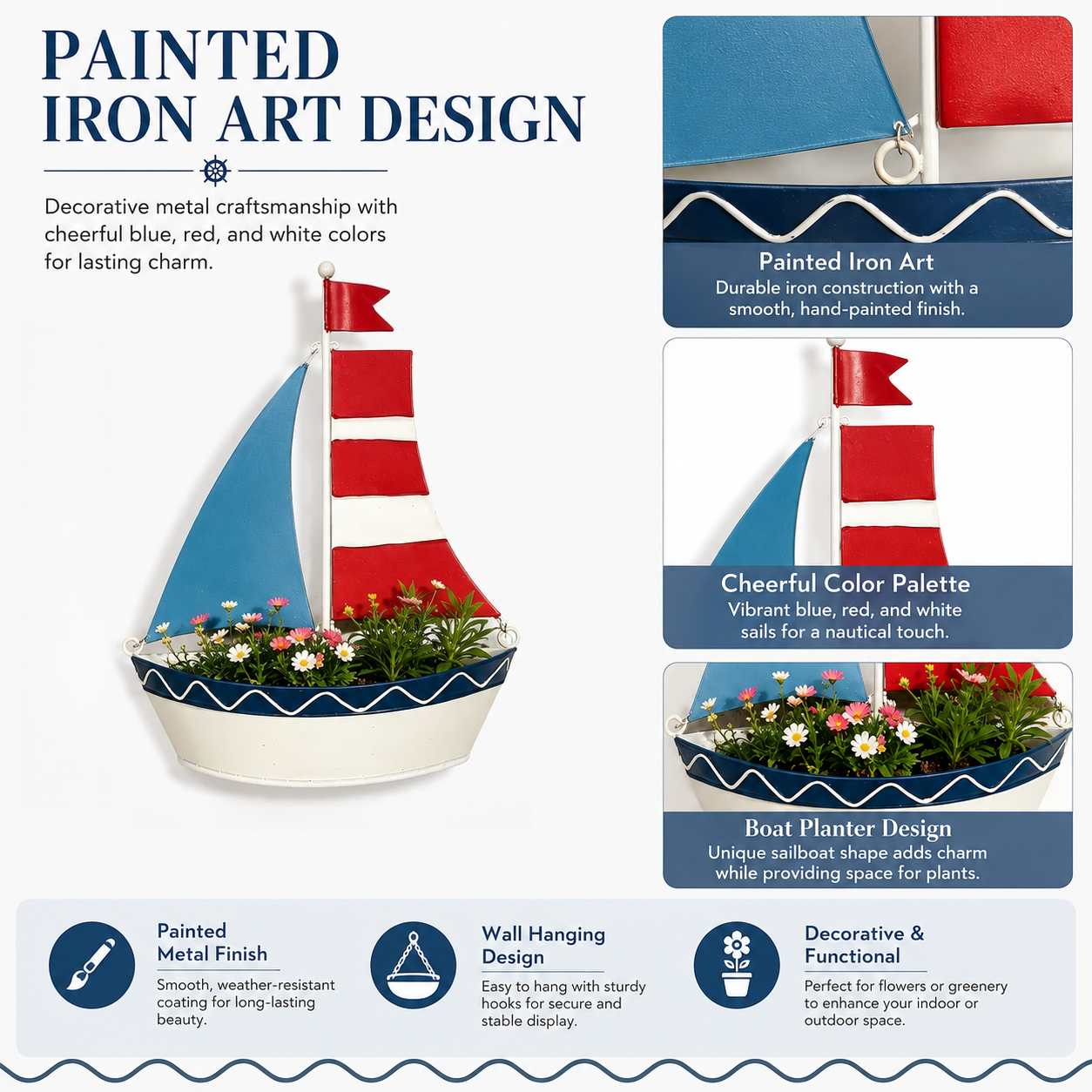 Iron Art Painted Sailboat-Shaped Wall Hanging Flower Pot