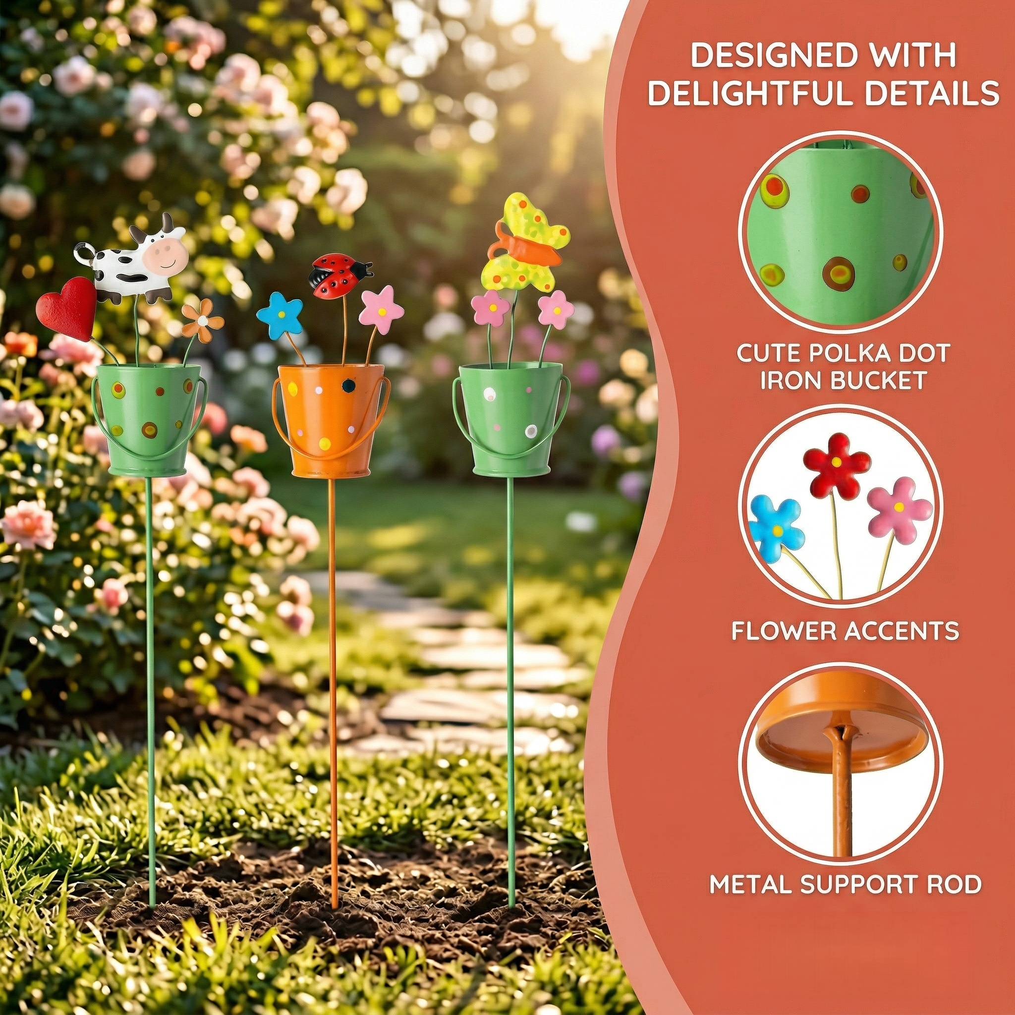 Set of 3 Metal Flower Pot Garden Stakes