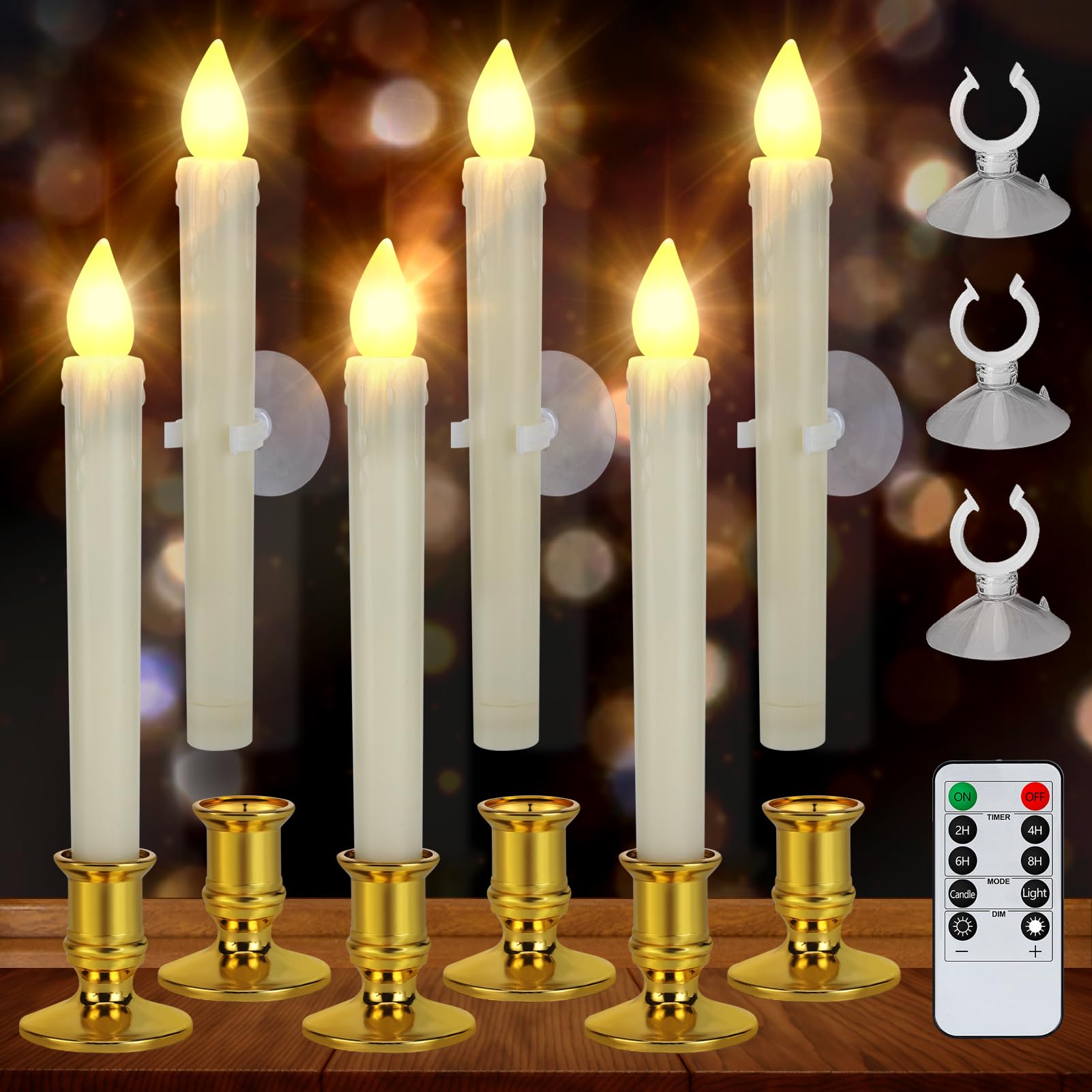 6 Pcs Christmas Flameless Flickering Candles with Timer, Removable Candlestick, Suction Cup
