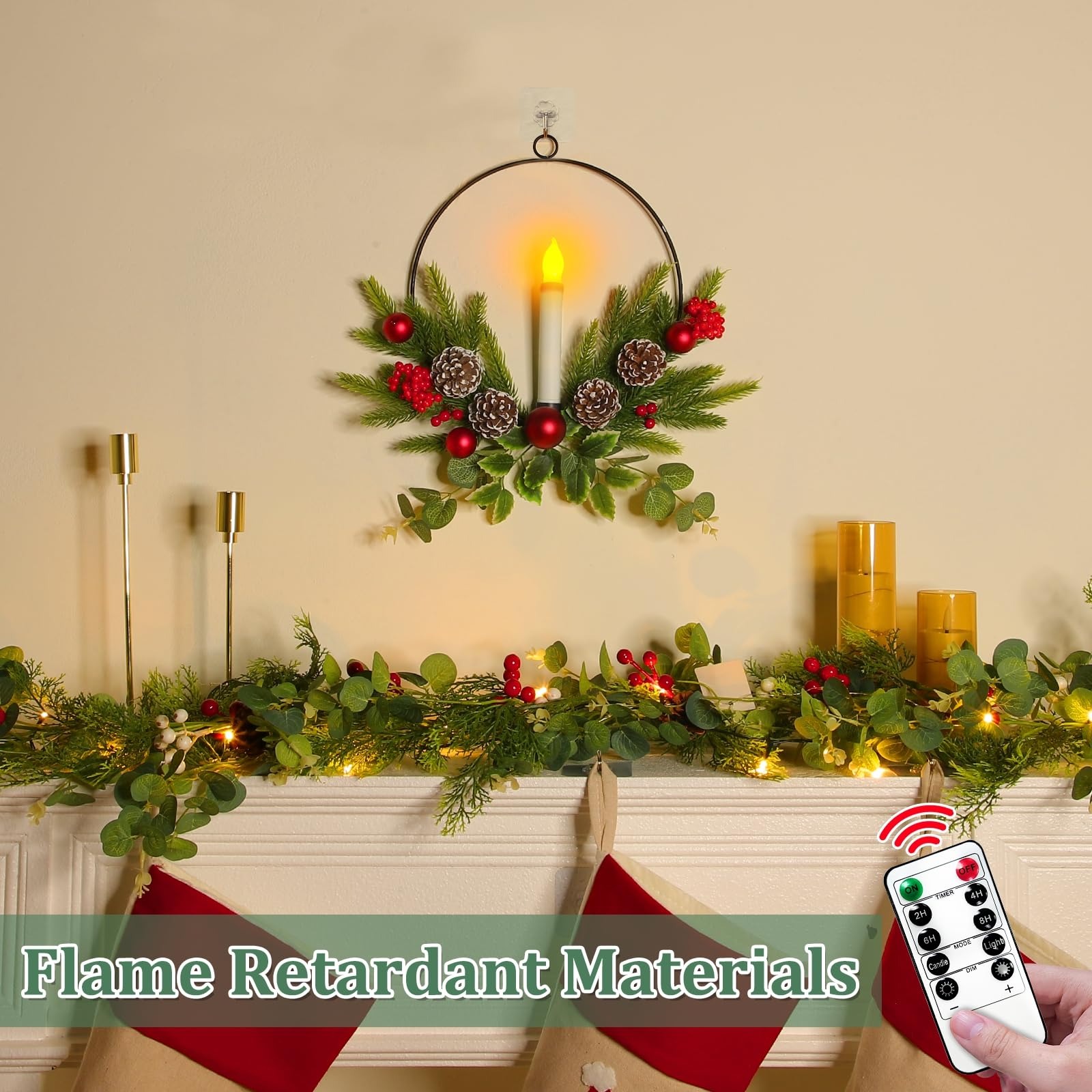 2025 Christmas Front Door & Window Candles Wreaths with Timer Remote