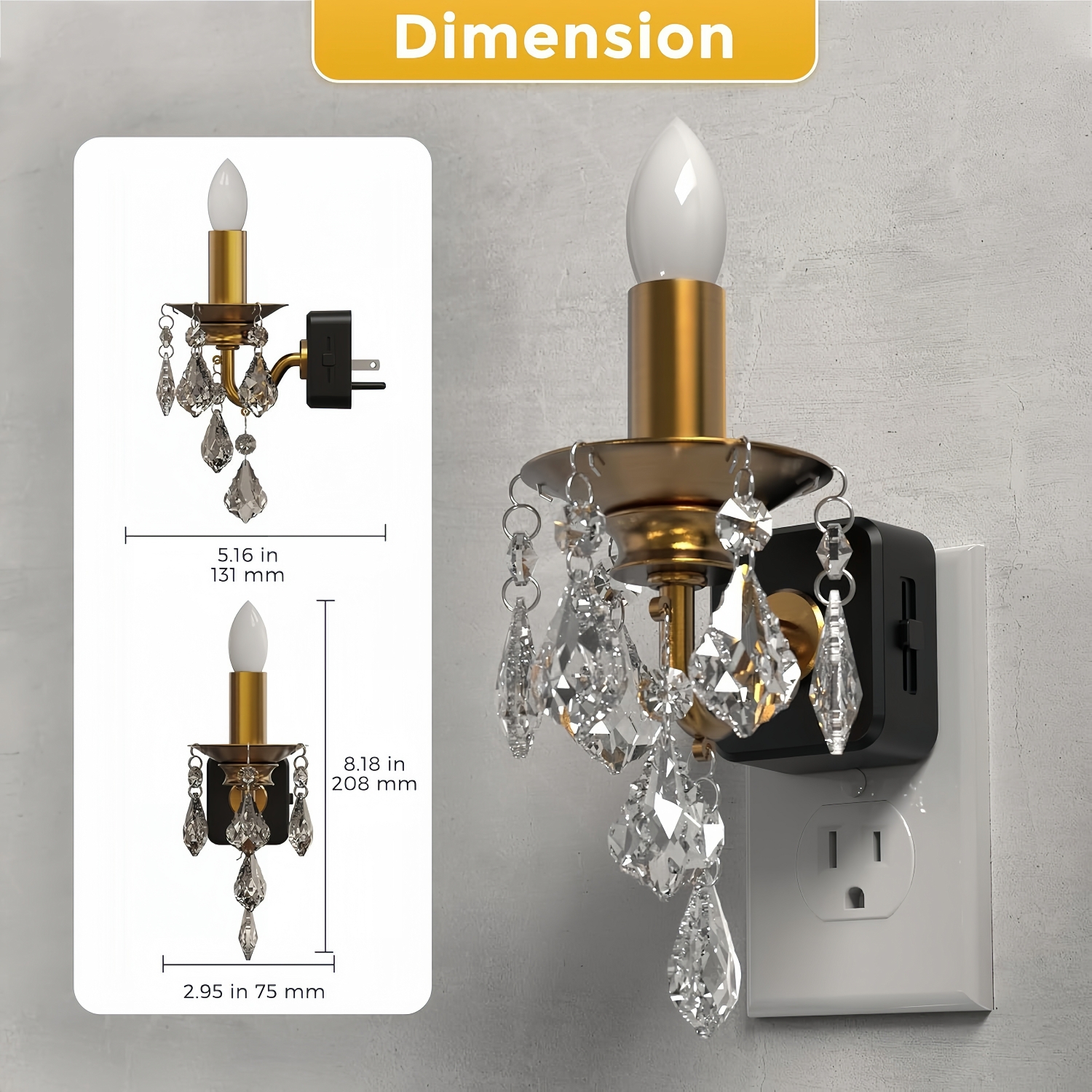 LED Amber Candle Pendant Night Light Plug-In with Crystal Drops, Dimmable 1W Nightlight for Hallway & Bedroom