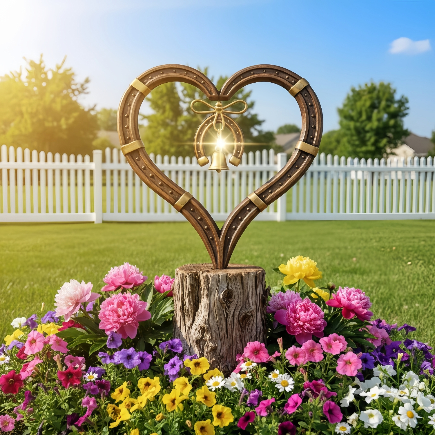 Handcrafted Horseshoe Heart Metal Garden Stake with Lucky Bell