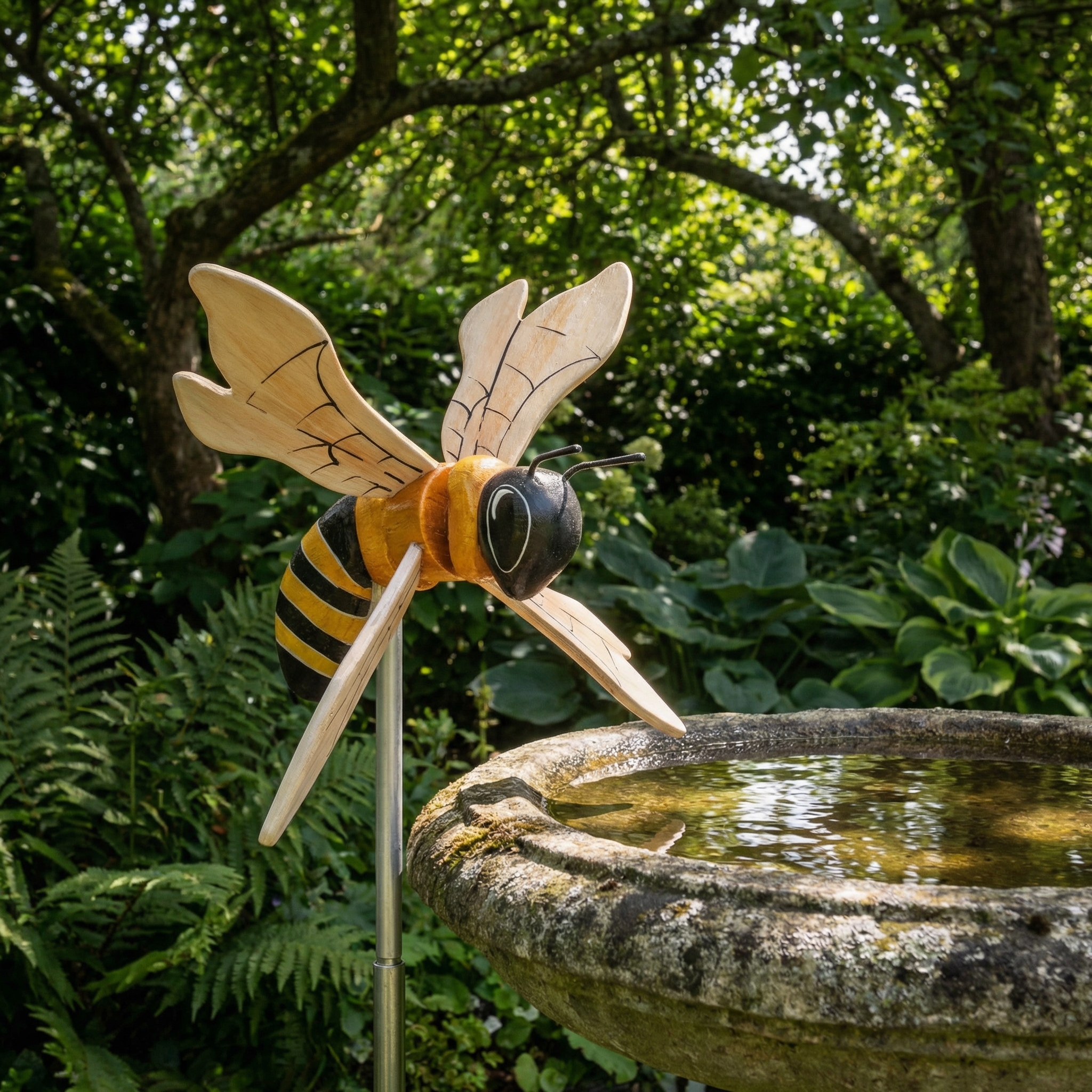 Wooden Bee Wind Spinner Garden Stake – Hand-Painted Outdoor Yard Decor