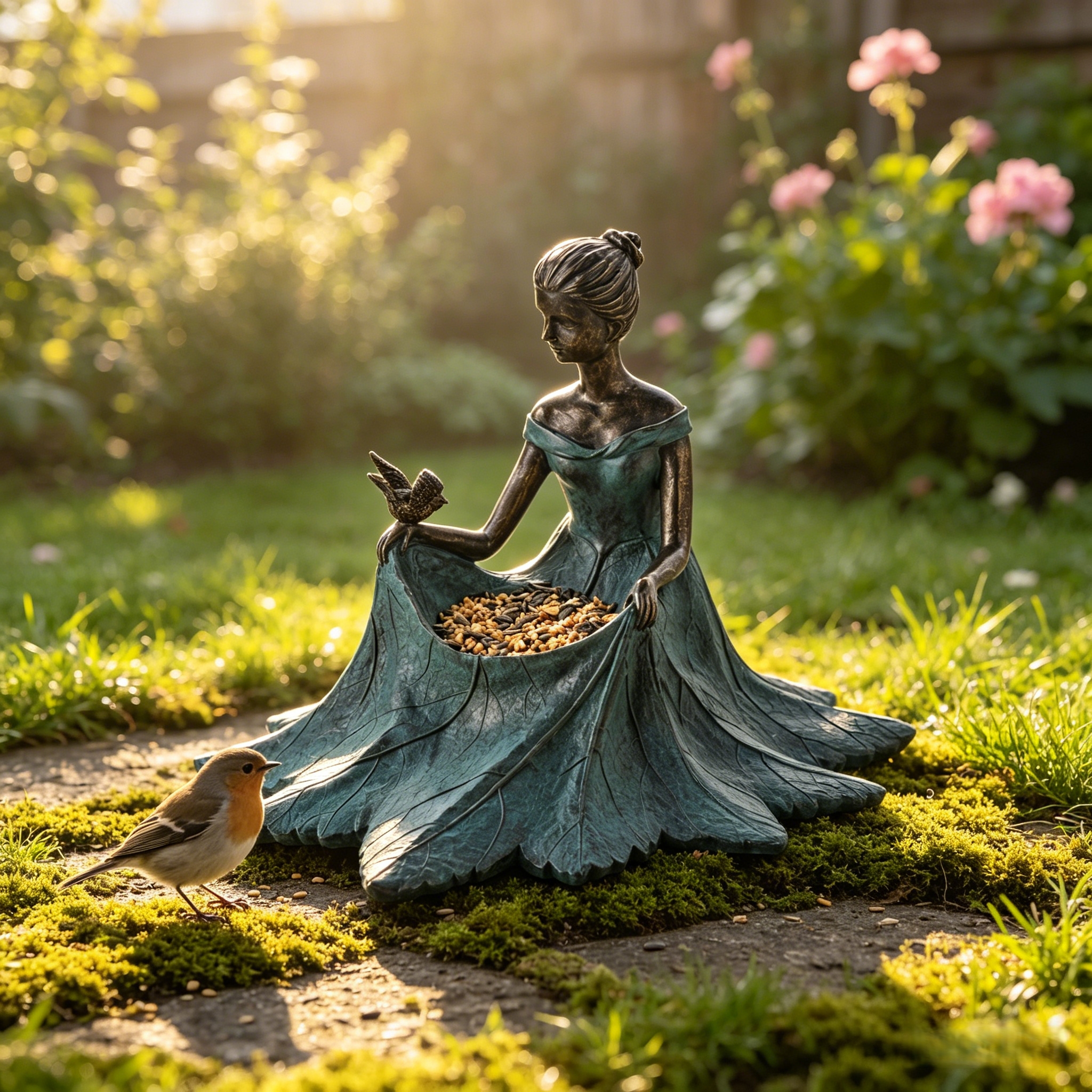 Elegant Lady Garden Bird Feeder Statue with Seed Bowl