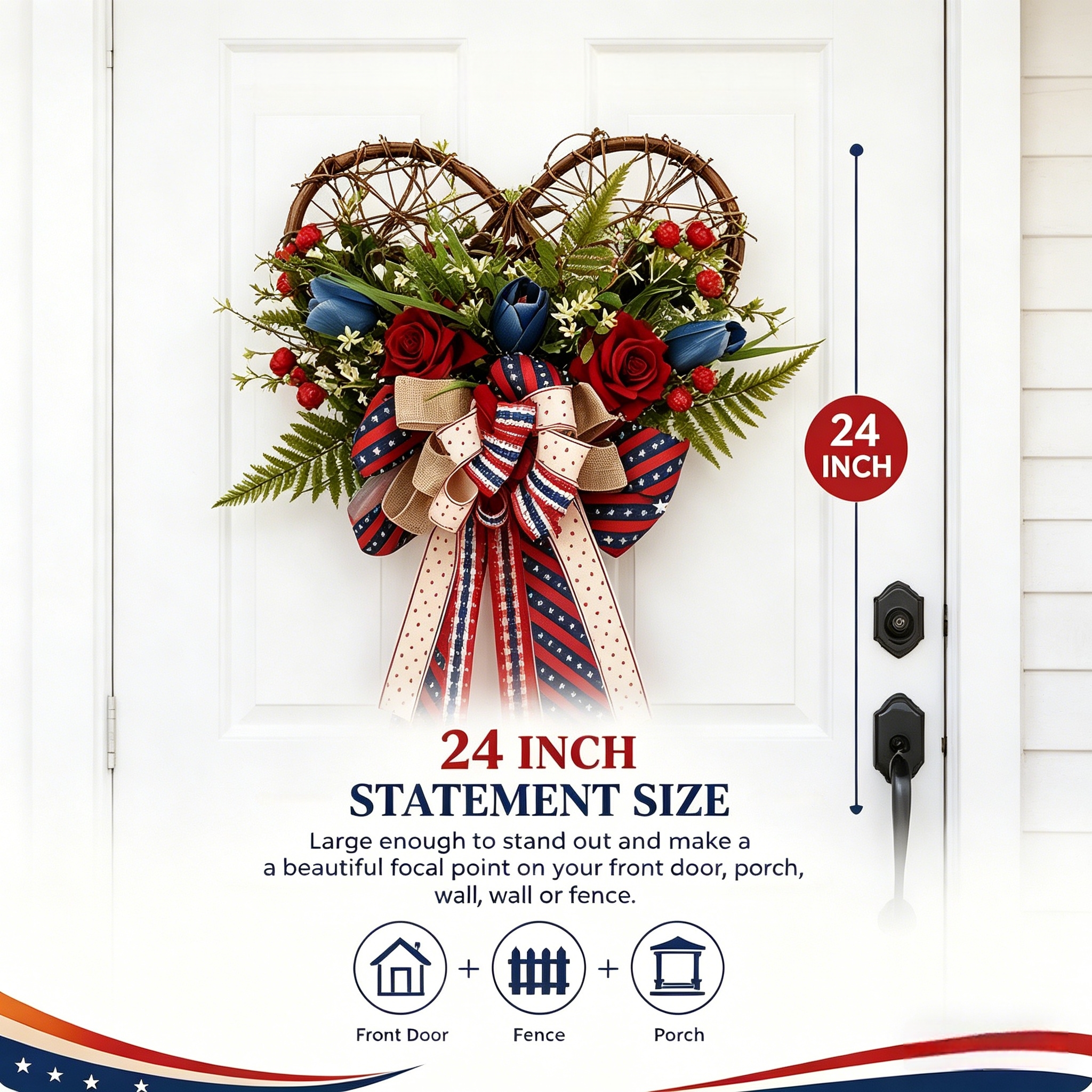 24 Inch Patriotic Heart Wreath for Front Door