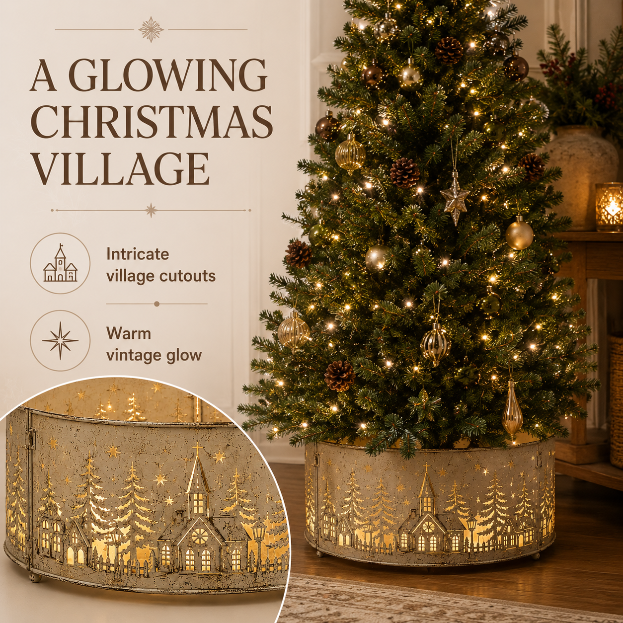 Pre-Lit Metal Christmas Tree Collar with Lighted Village Cutouts