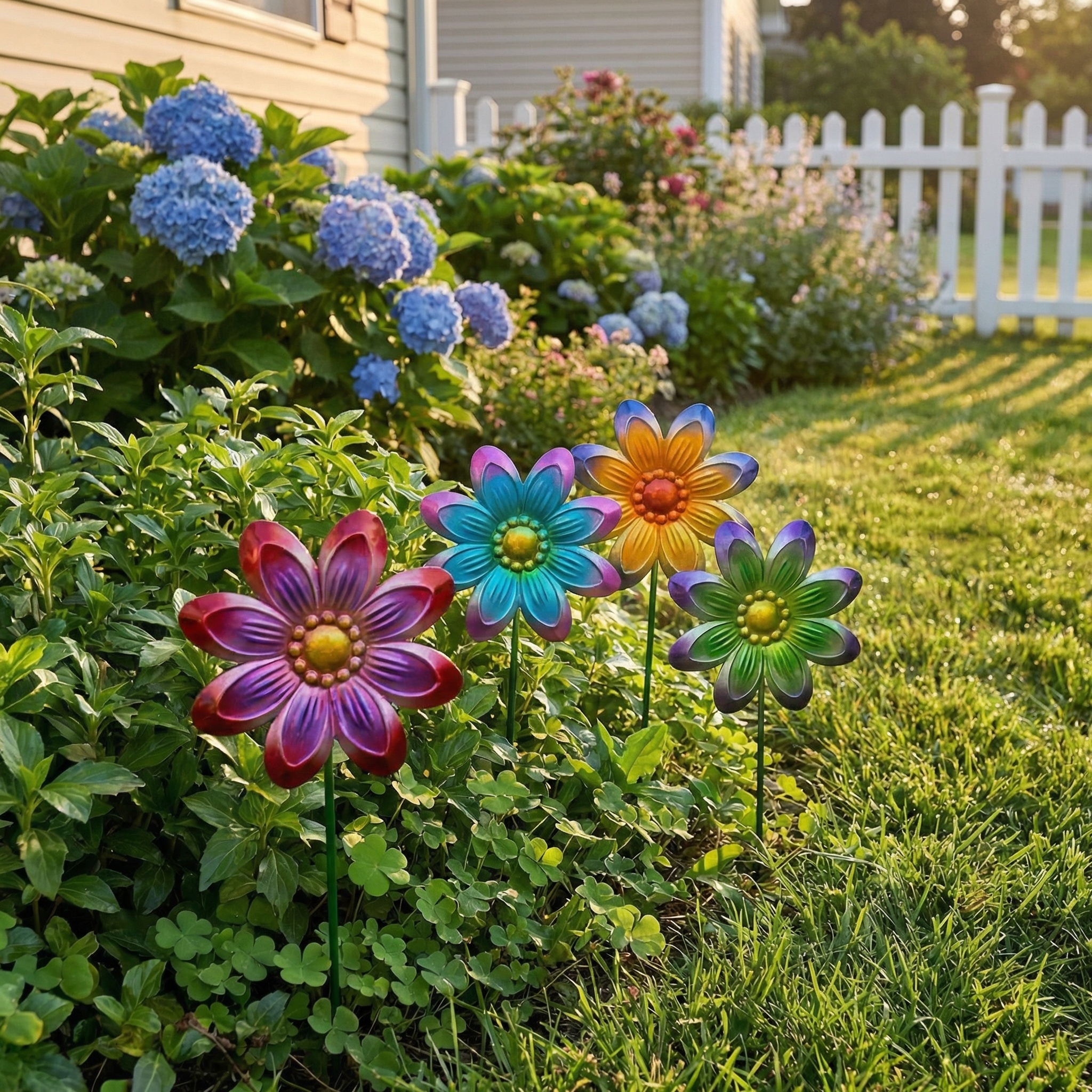 Set of 4 Outdoor Metal Colorful Floral Garden Decor Stakes