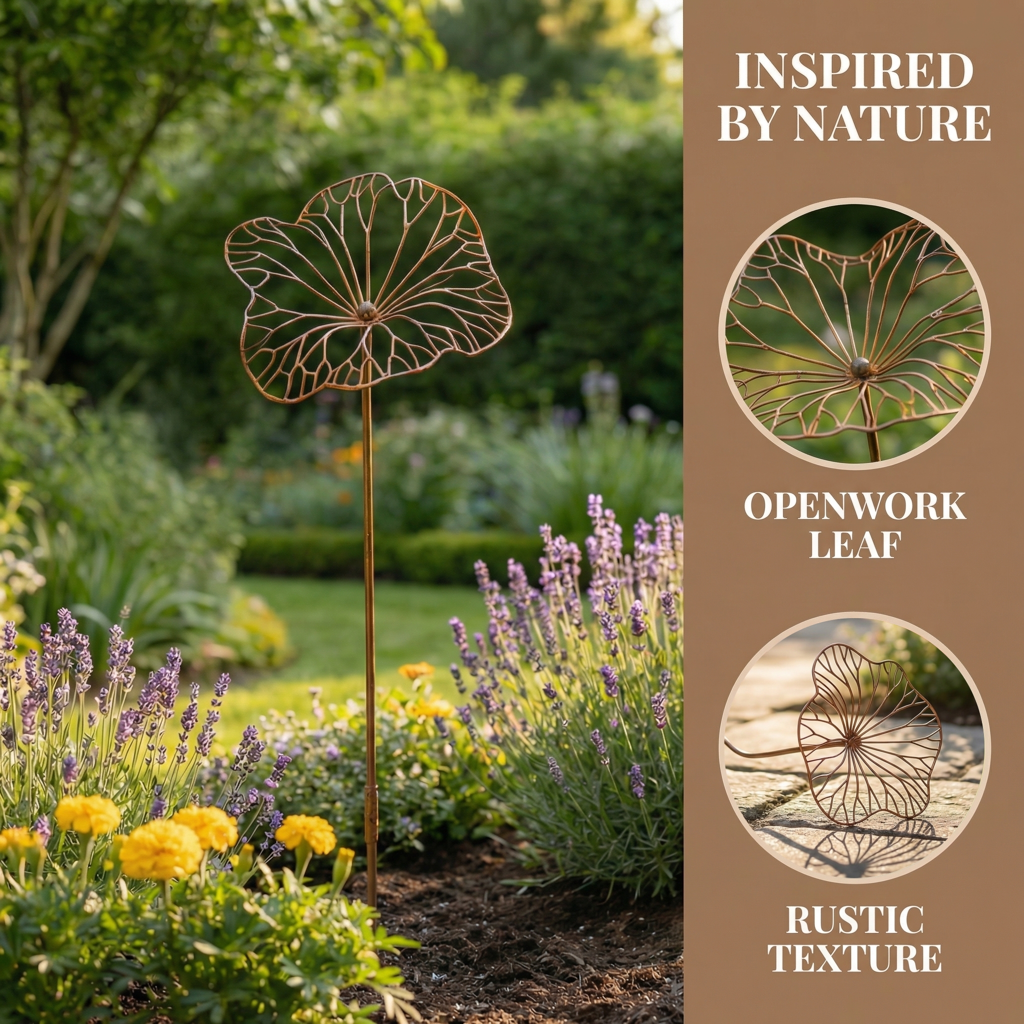 Set of 3 Rustic Iron Lotus Leaf Garden Stakes