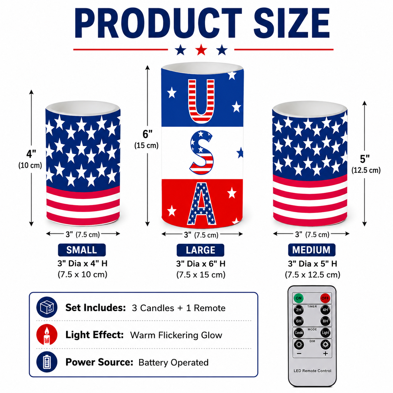 3PCS Patriotic Flameless LED Candle Set with Remote