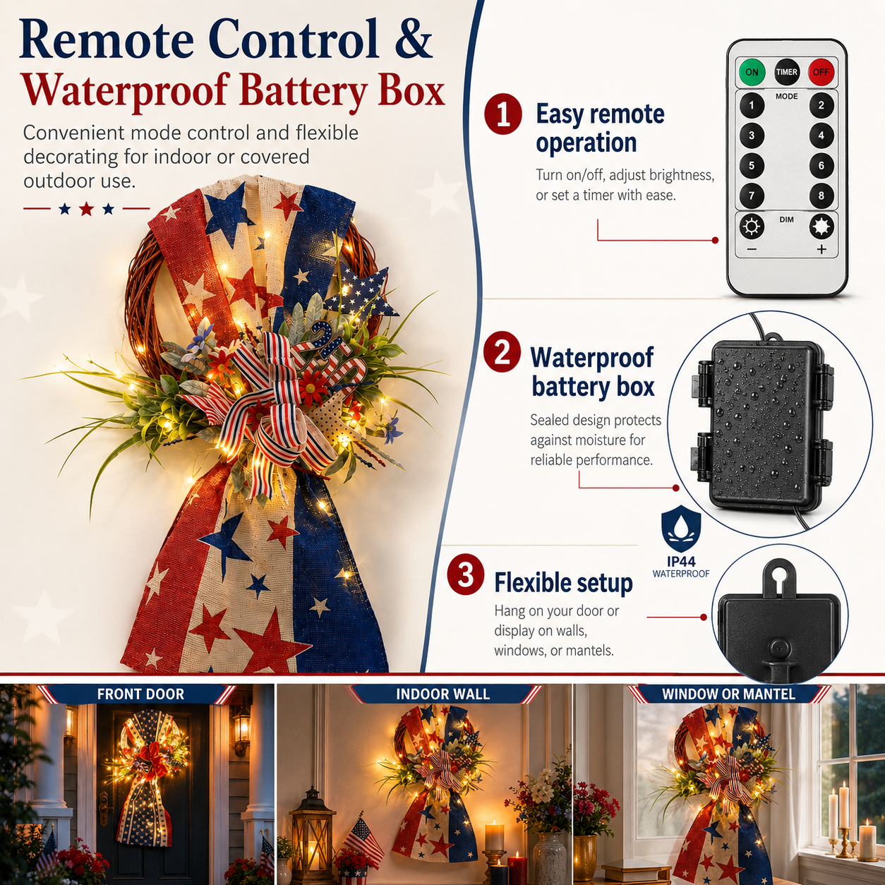 Lighted Patriotic Front Door Swag Wreath