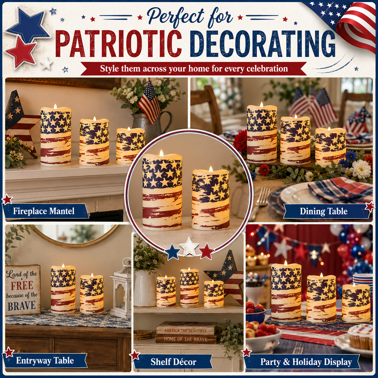 Set of 3 Patriotic LED Pillar Candles with Realistic Flame & Timer