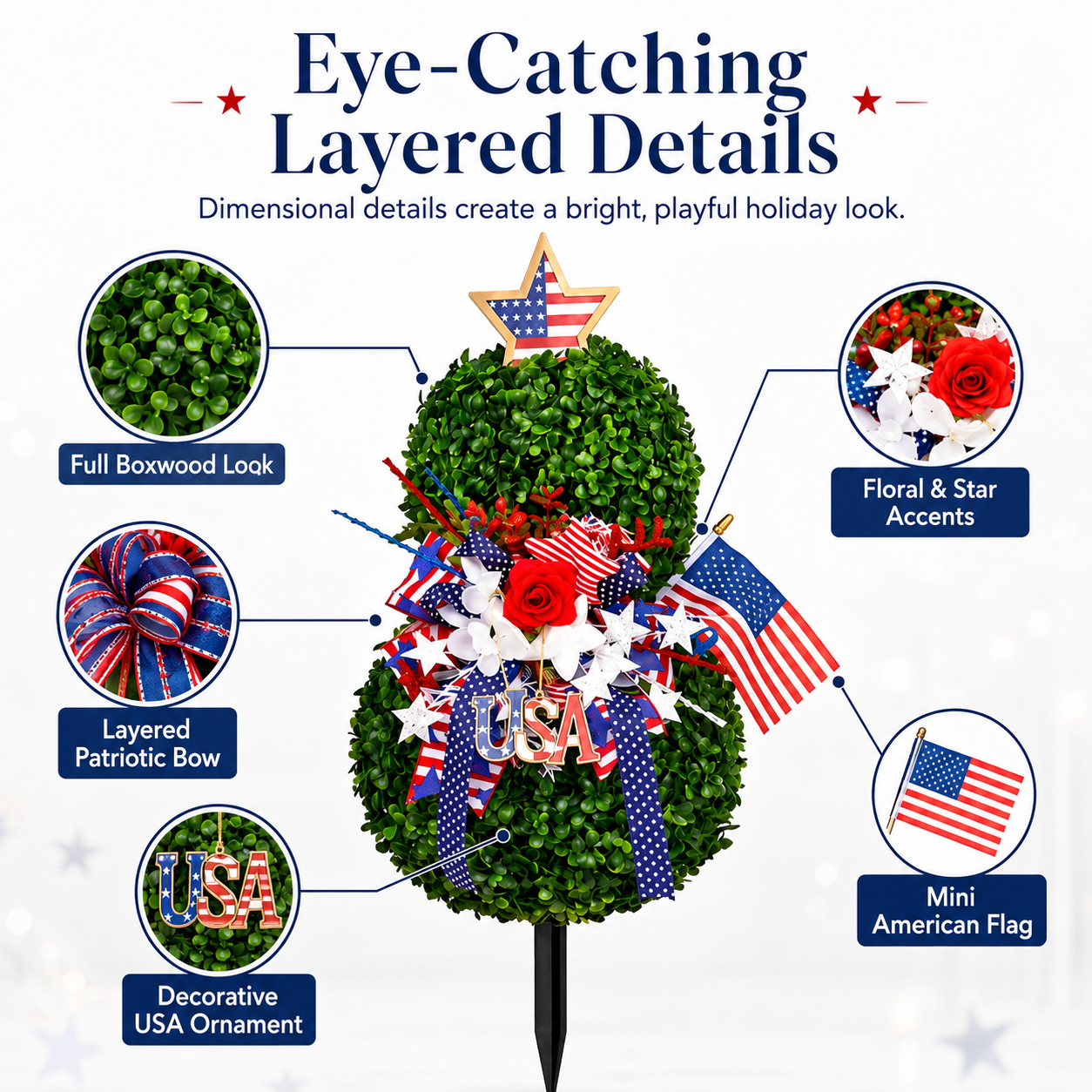 4th of July Patriotic Artificial Topiary Garden Stake