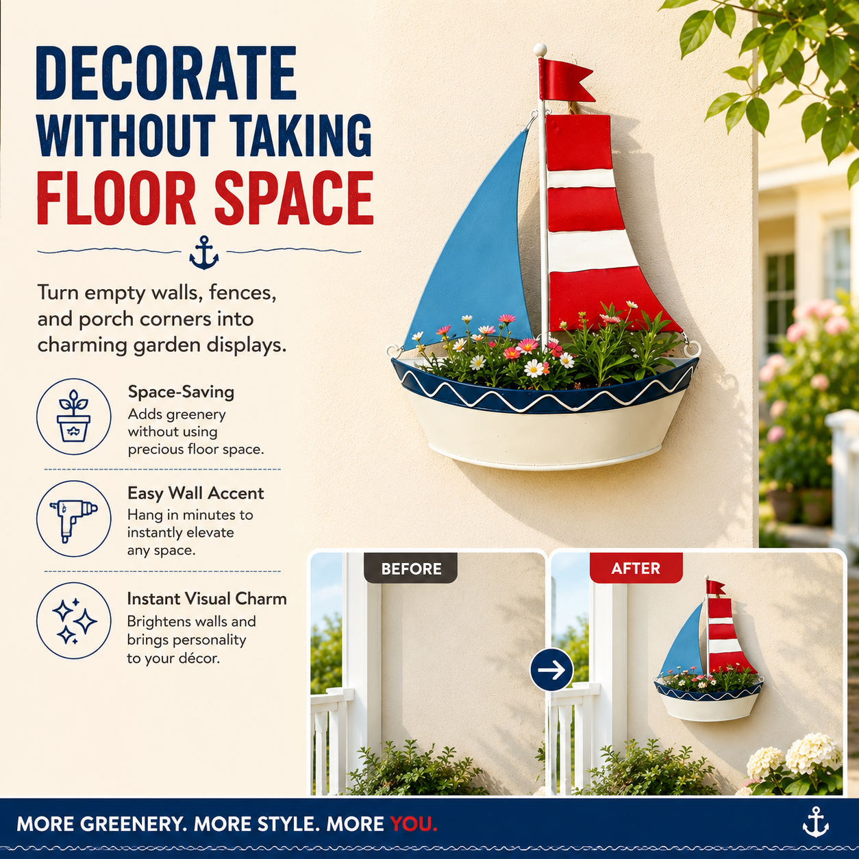 Iron Art Painted Sailboat-Shaped Wall Hanging Flower Pot