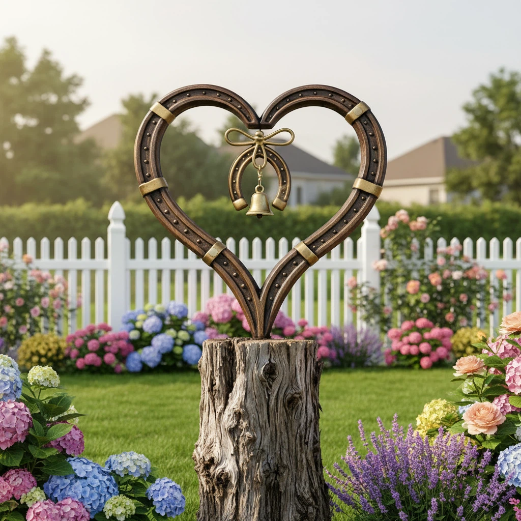 Handcrafted Horseshoe Heart Metal Garden Stake with Lucky Bell
