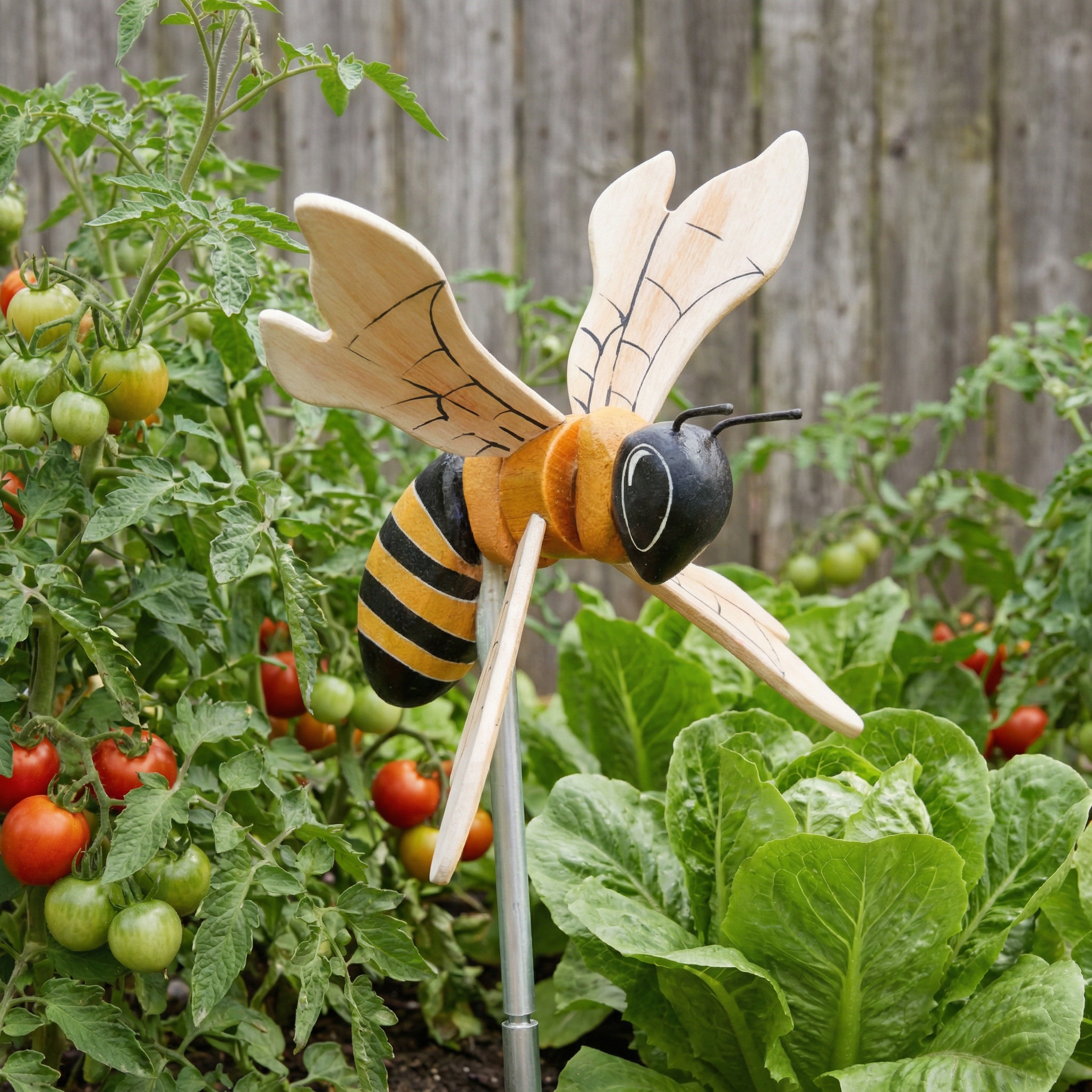 Wooden Bee Wind Spinner Garden Stake – Hand-Painted Outdoor Yard Decor