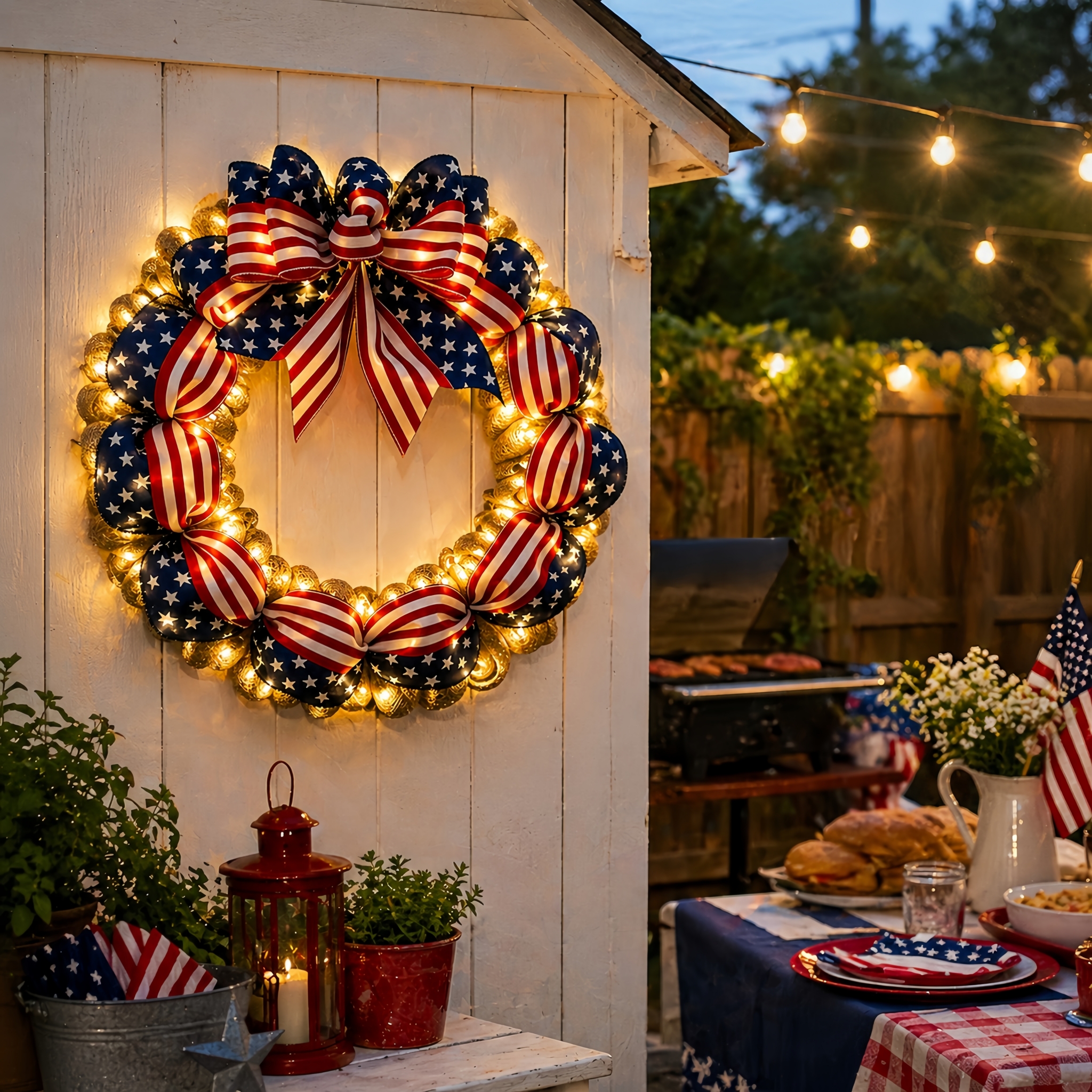 Lighted Patriotic American Flag Wreath
