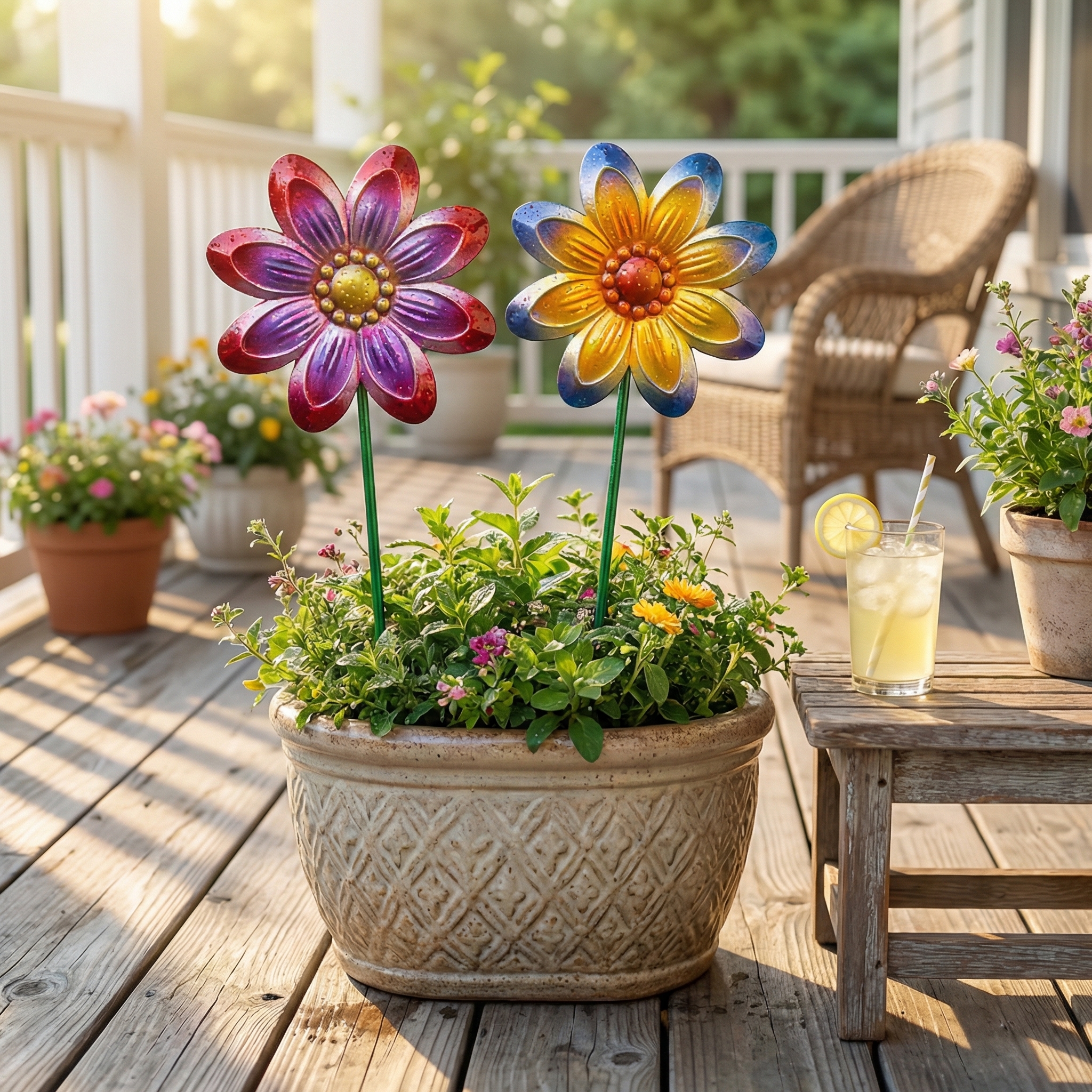 Set of 4 Outdoor Metal Colorful Floral Garden Decor Stakes
