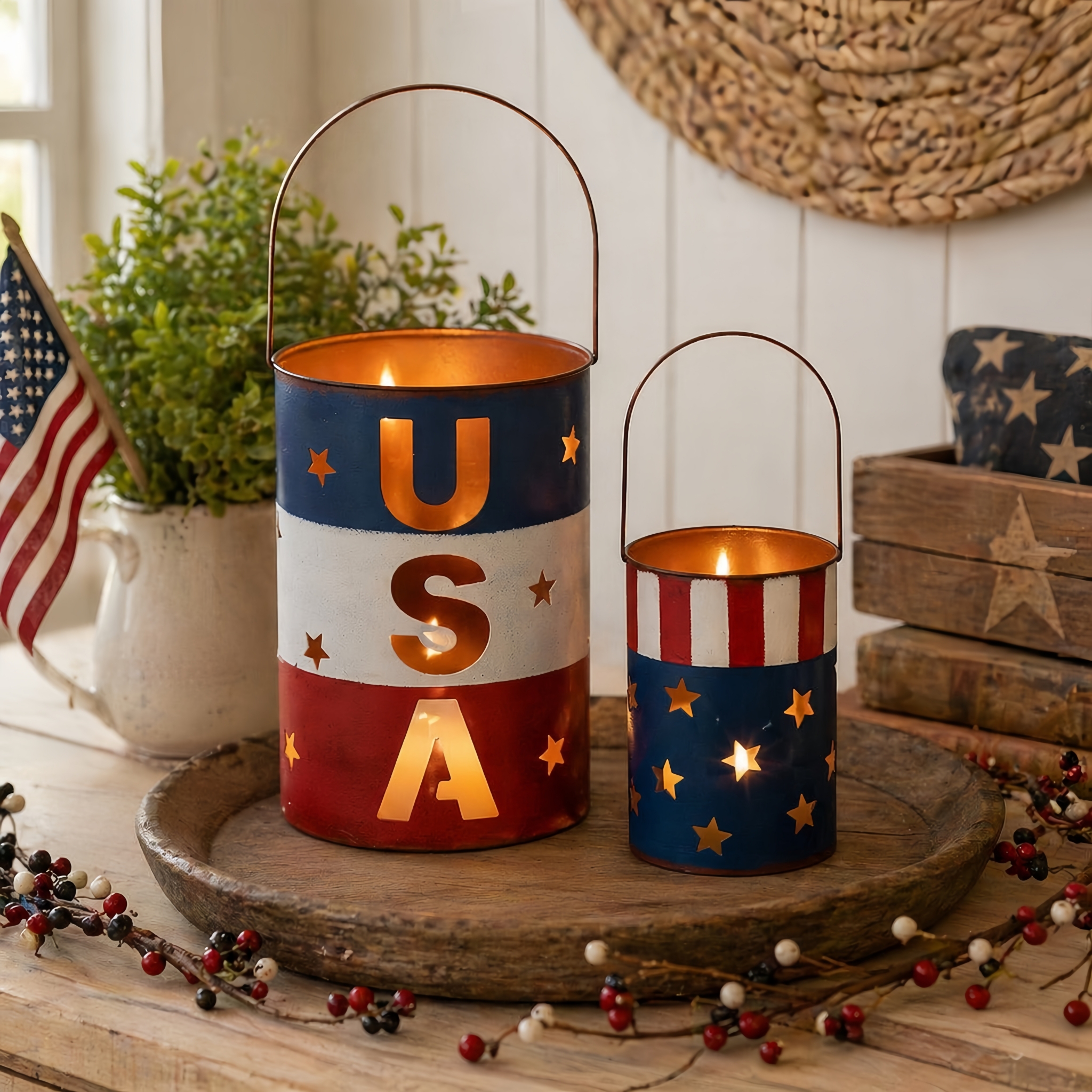Patriotic Metal Candle Lantern Set