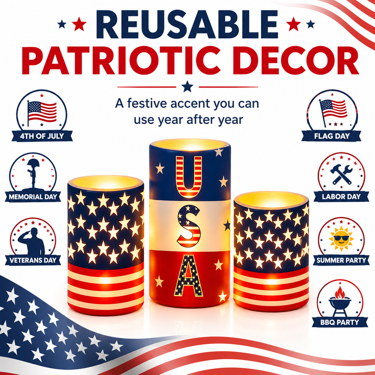 3PCS Patriotic Flameless LED Candle Set with Remote