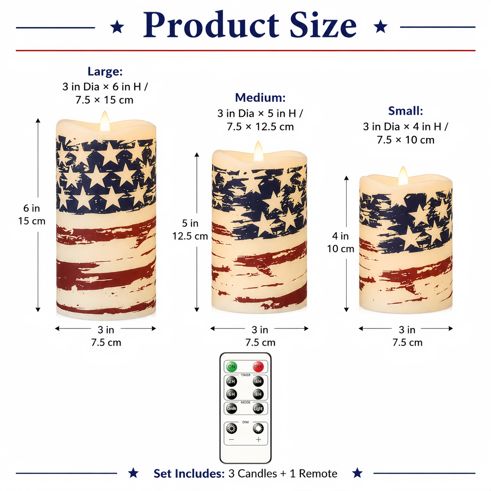 Set of 3 Patriotic LED Pillar Candles with Realistic Flame & Timer