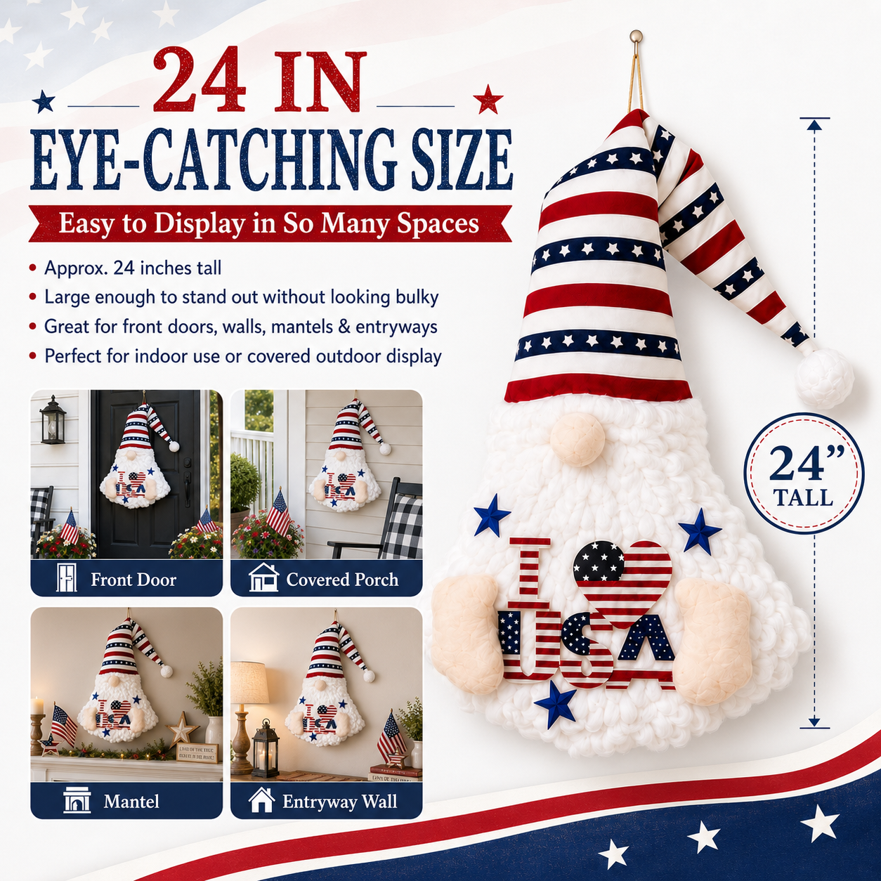 24" Lighted Patriotic Gnome Front Door Decor