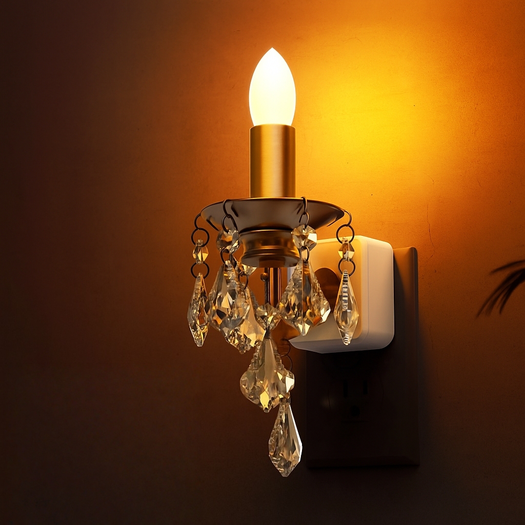 LED Amber Candle Pendant Night Light Plug-In with Crystal Drops, Dimmable 1W Nightlight for Hallway & Bedroom