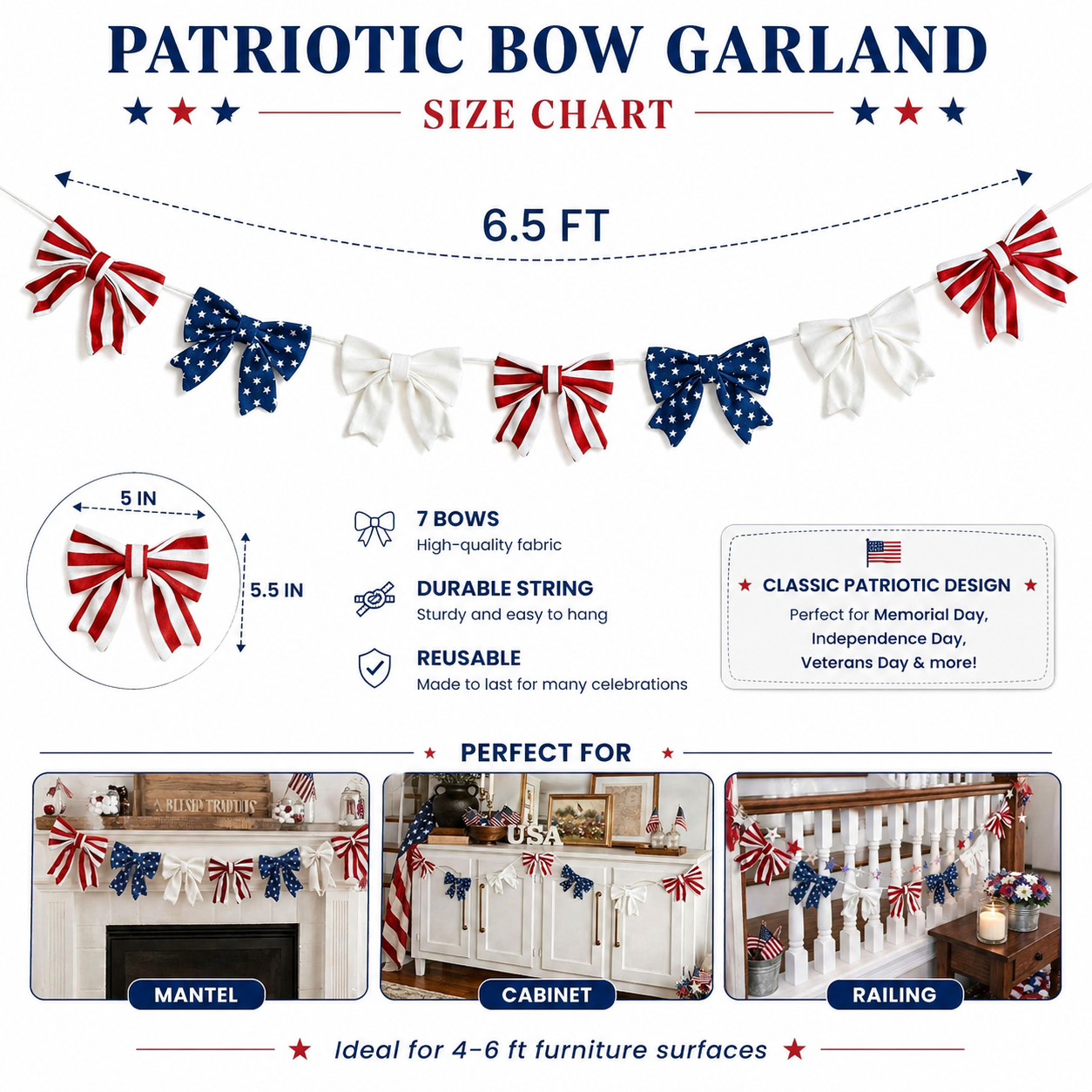 6.5 Ft Patriotic Bow Garland