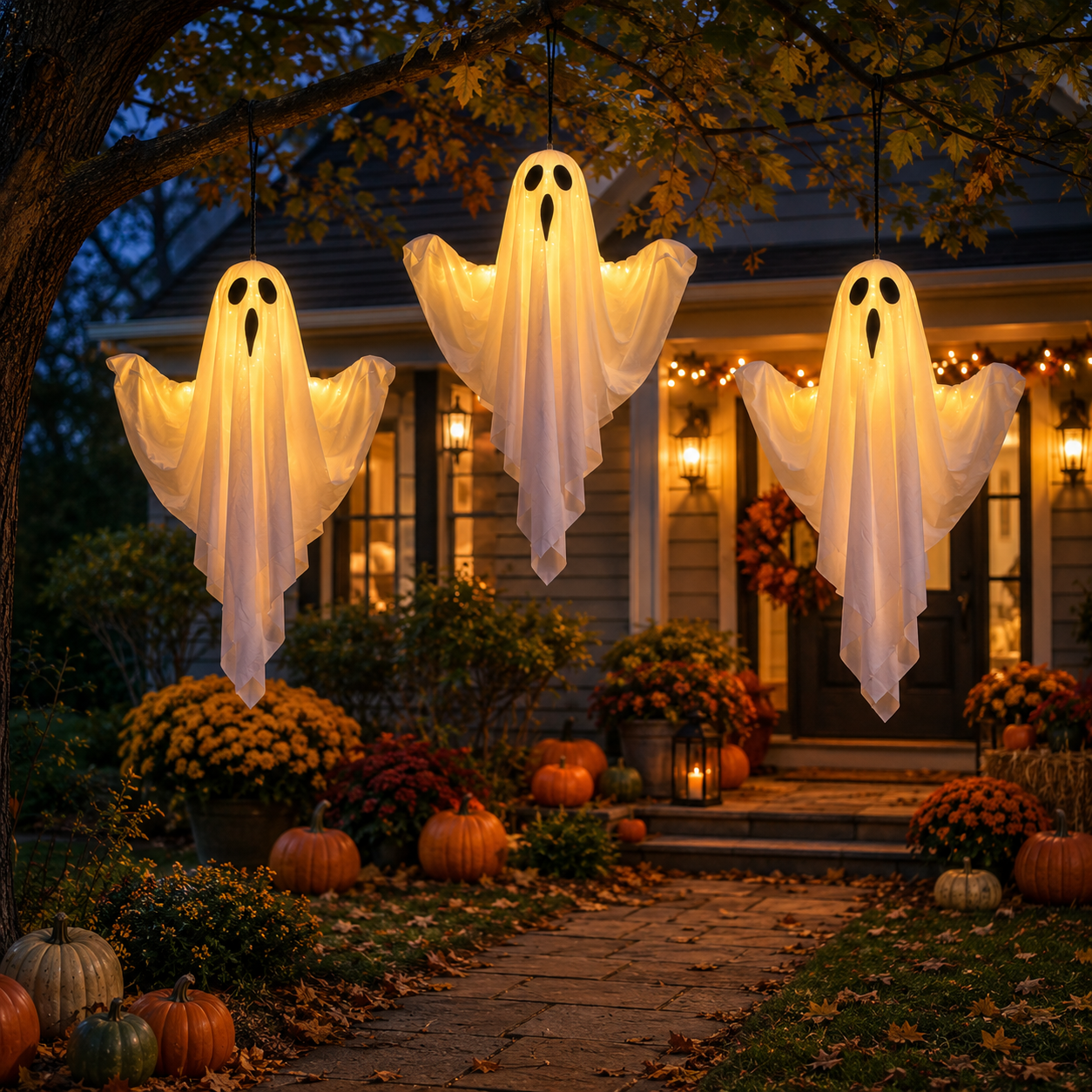 Set of 3 Lighted Hanging Ghost Decorations for Halloween