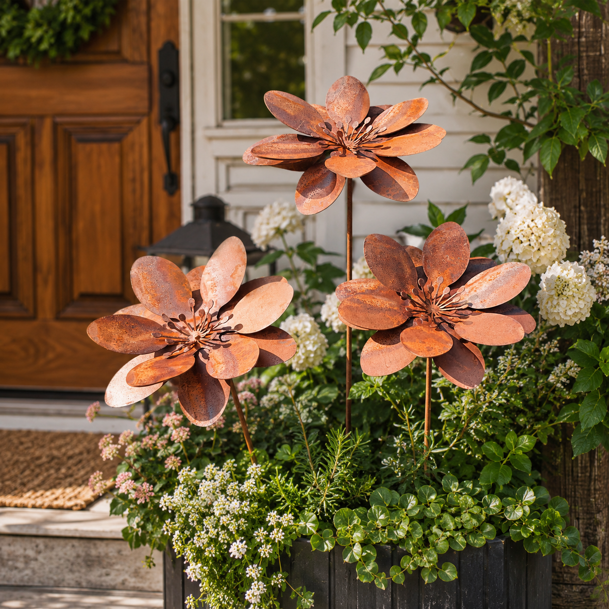 Set of 3 Rustic Metal 3D Floral Garden Stakes