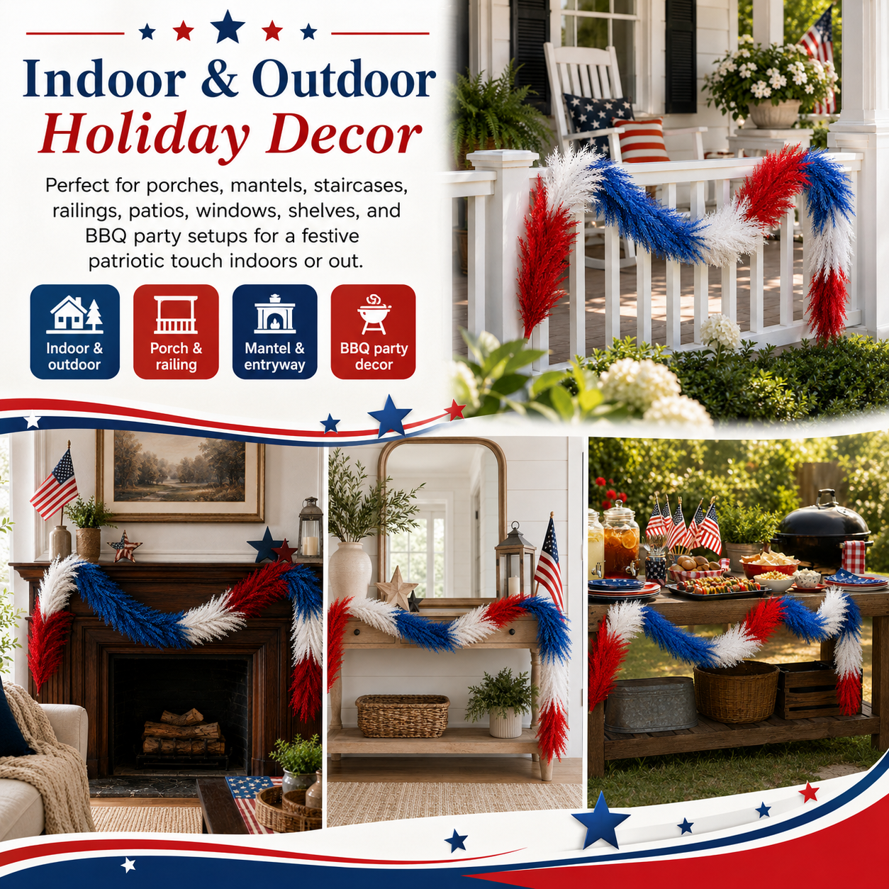 Full & Fluffy Red White & Blue Reed Garland