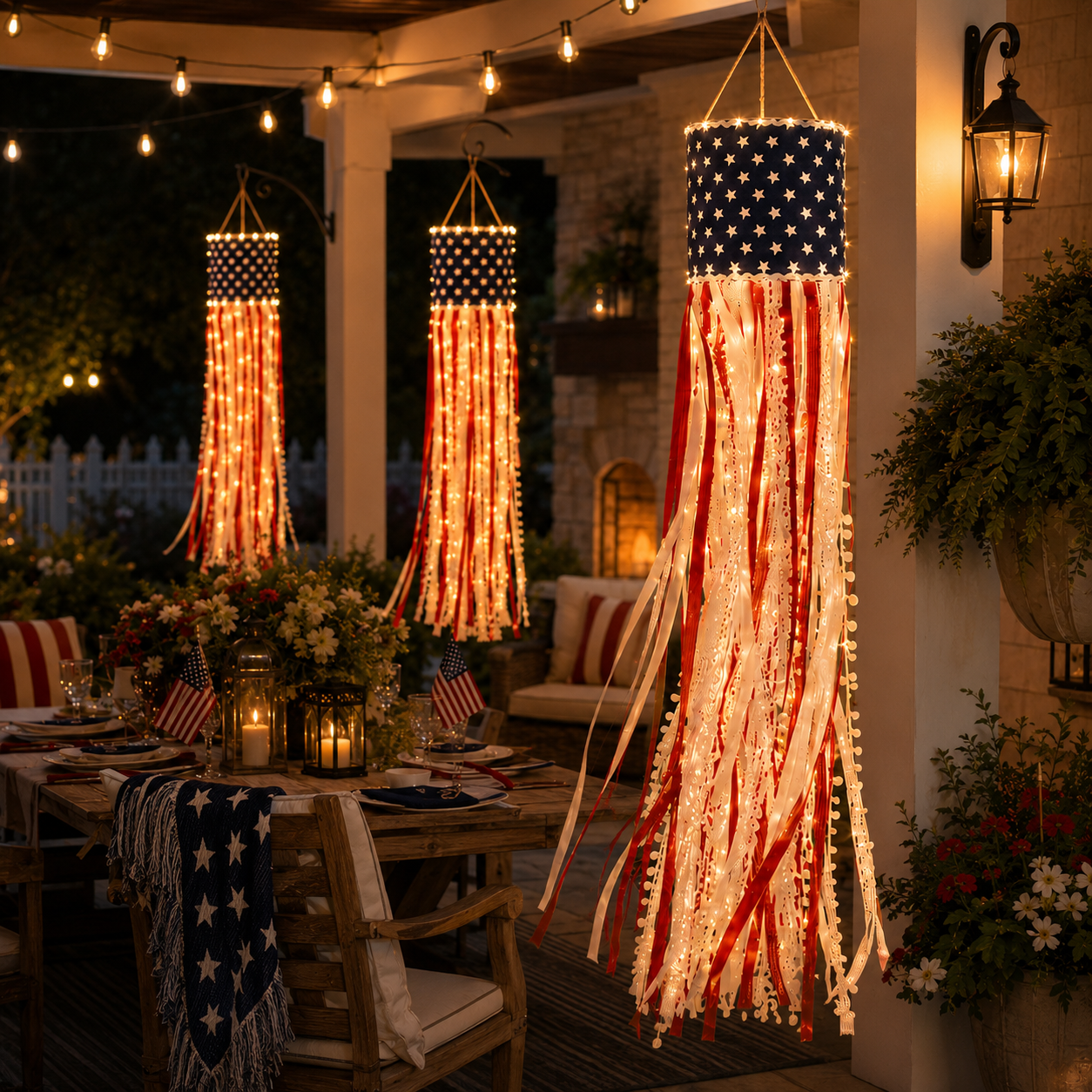 Lighted Patriotic Ribbon Windsock Hanging Decor