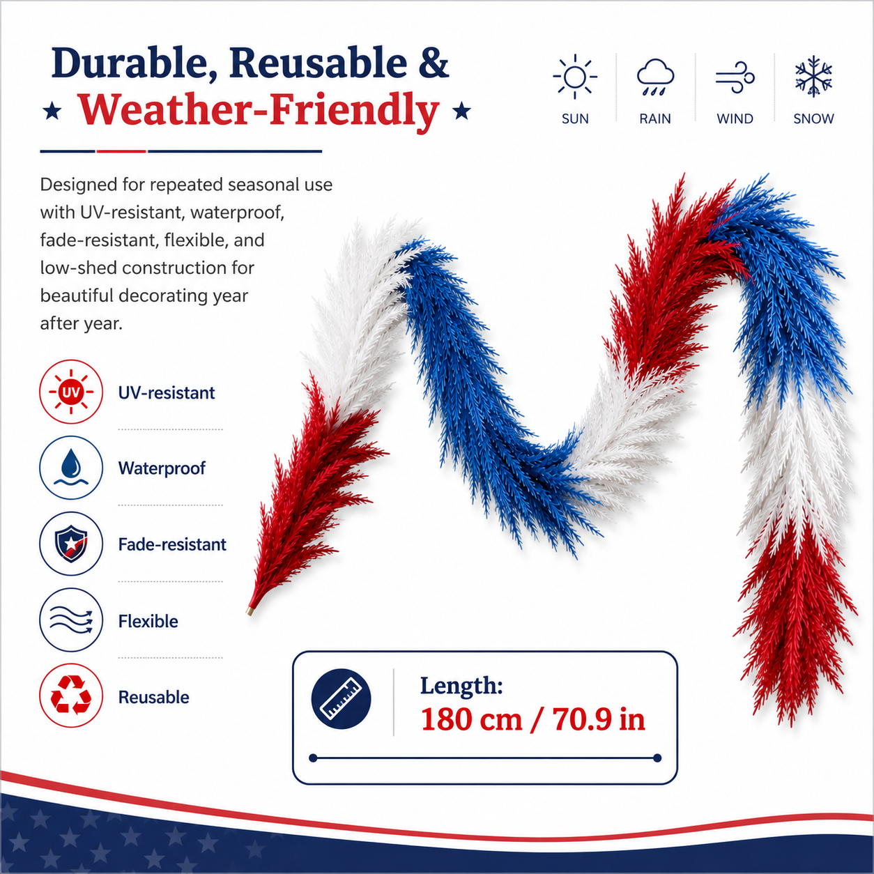 Full & Fluffy Red White & Blue Reed Garland