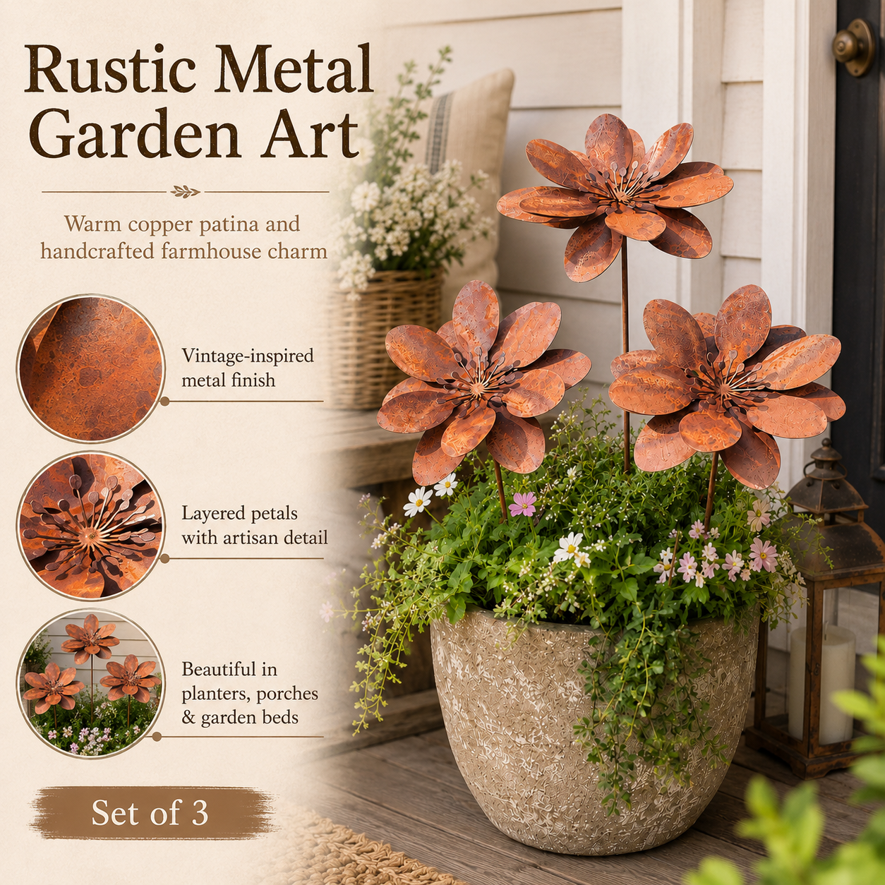 Set of 3 Rustic Metal 3D Floral Garden Stakes
