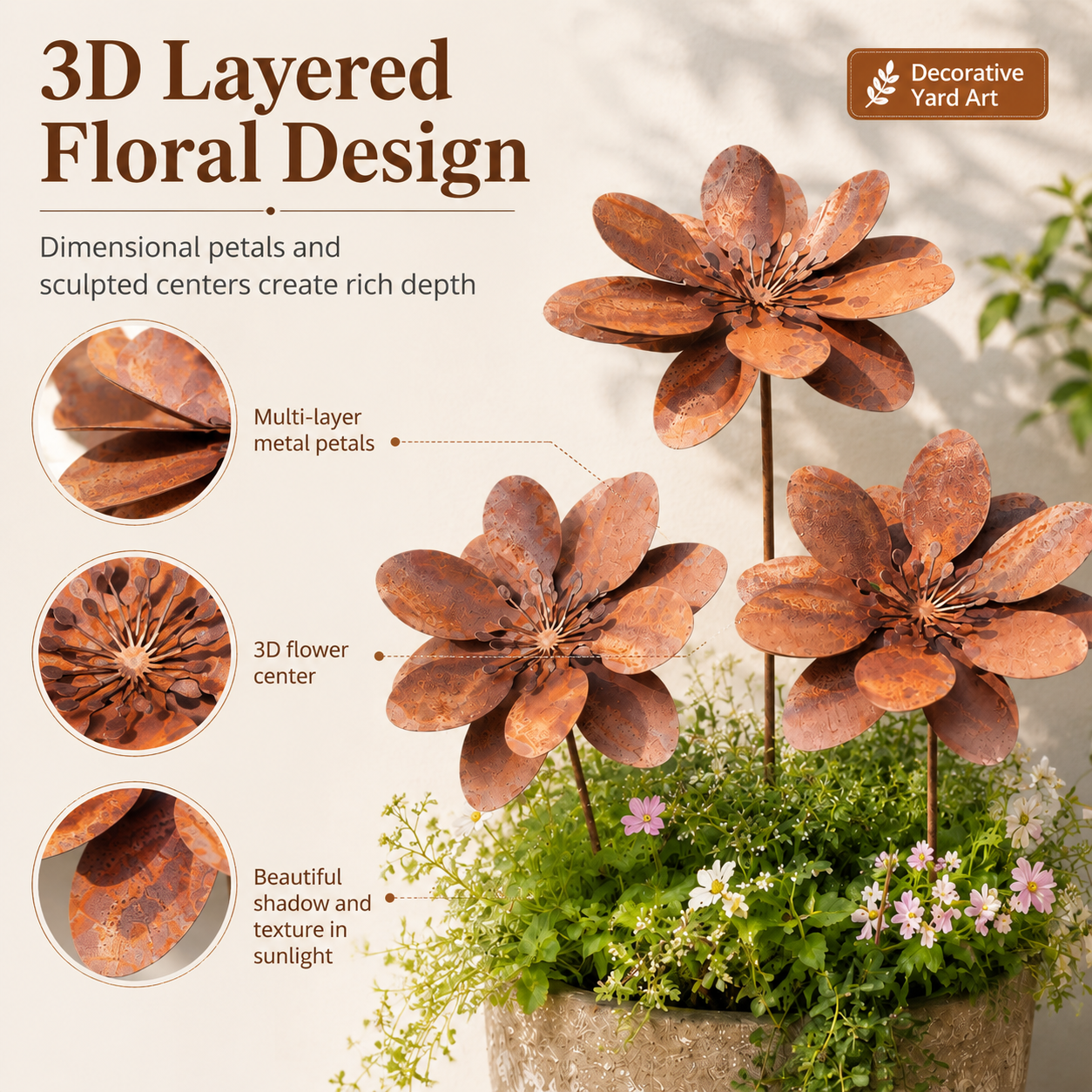 Set of 3 Rustic Metal 3D Floral Garden Stakes