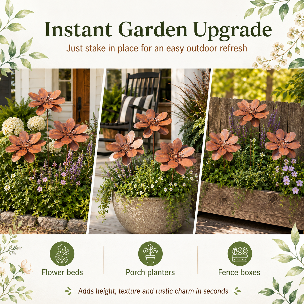 Set of 3 Rustic Metal 3D Floral Garden Stakes