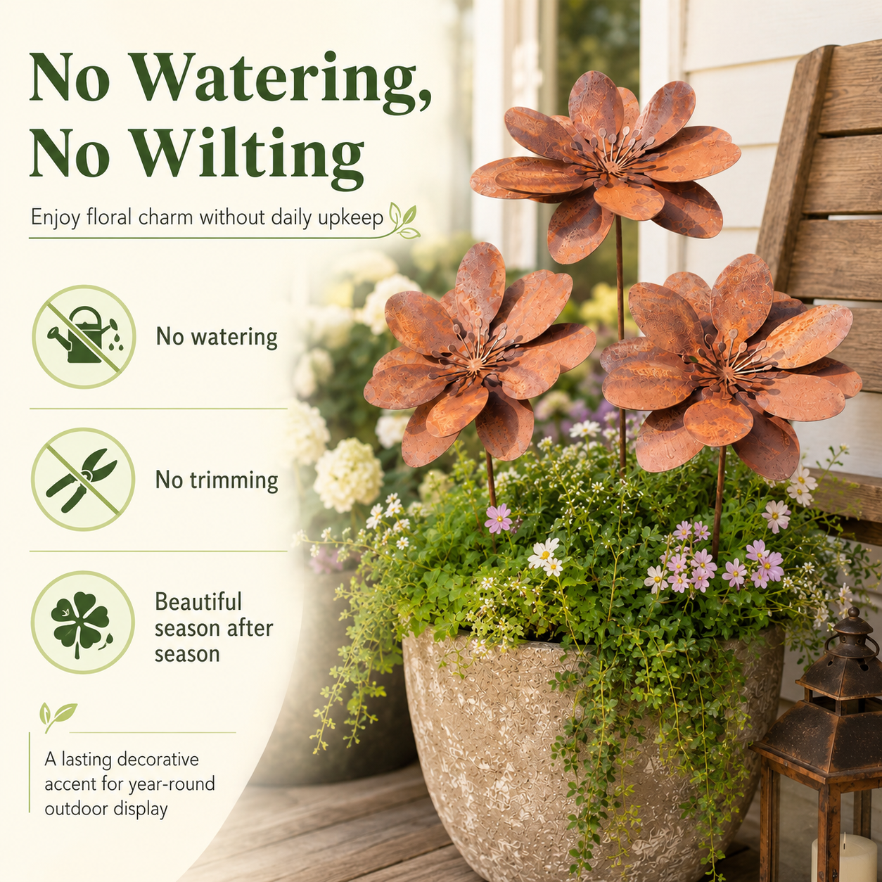 Set of 3 Rustic Metal 3D Floral Garden Stakes