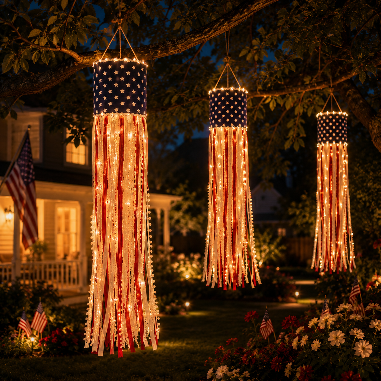 Lighted Patriotic Ribbon Windsock Hanging Decor